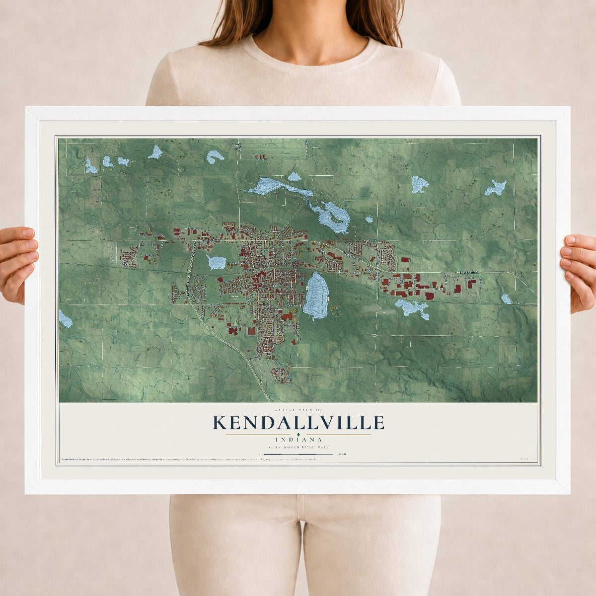 Map of Kendallville, Indiana, 18 x 24 inch print in a white wood frame