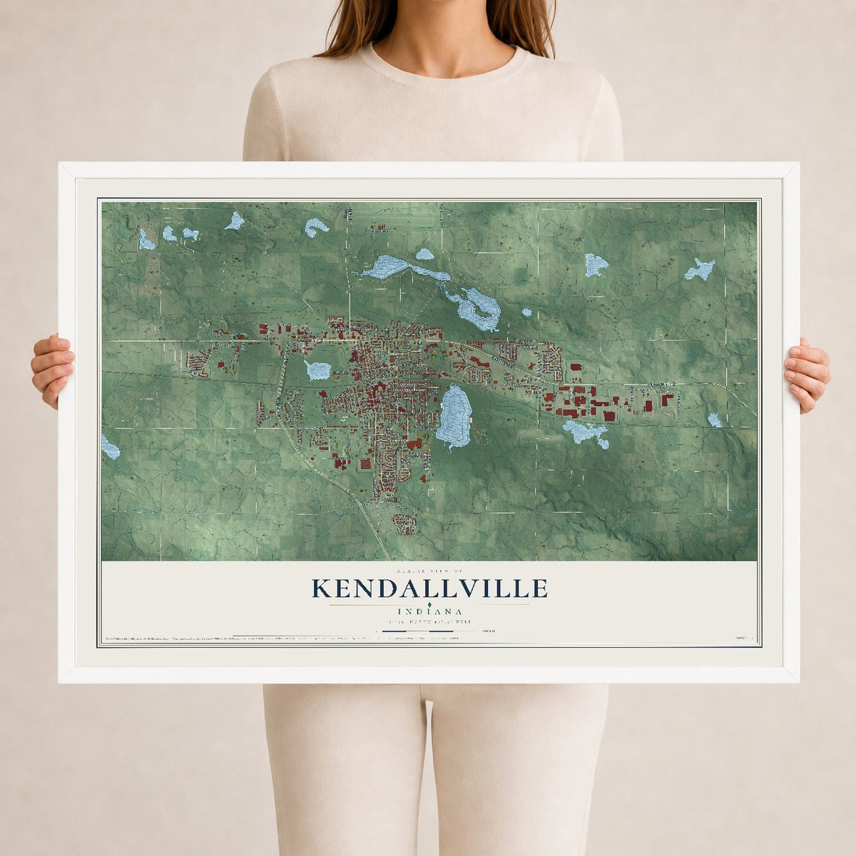 Map of Kendallville, Indiana, 24 x 36 inch print in a white wood frame