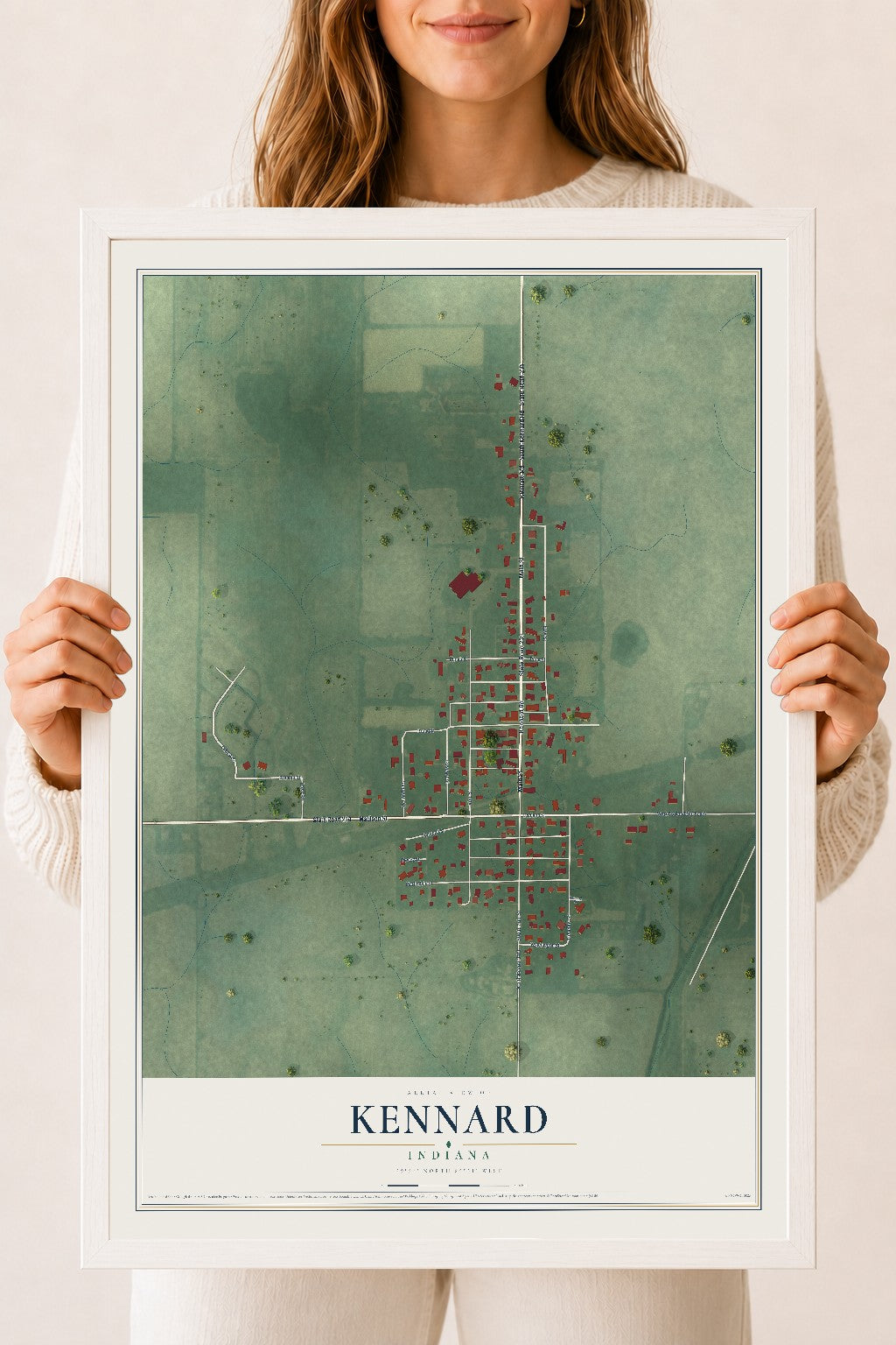 Map of Kennard, Indiana, 18 x 24 inch print in a white wood frame