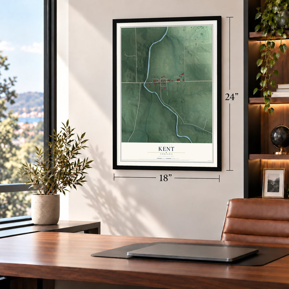 Kent, Indiana map, 18 x 24 inch print in a black frame in a home office
