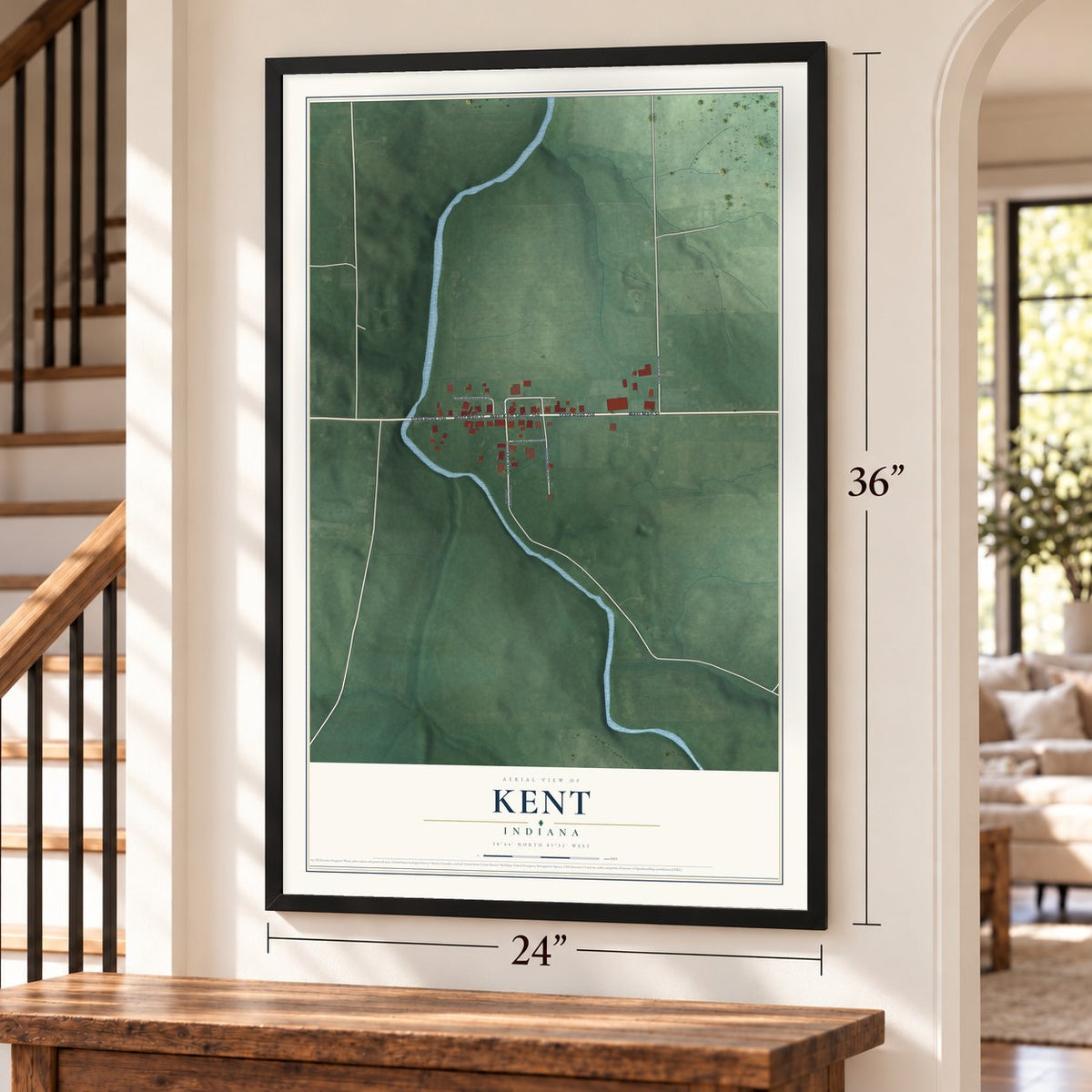Kent, Indiana map, 24 x 36 inch print in a black frame by a staircase