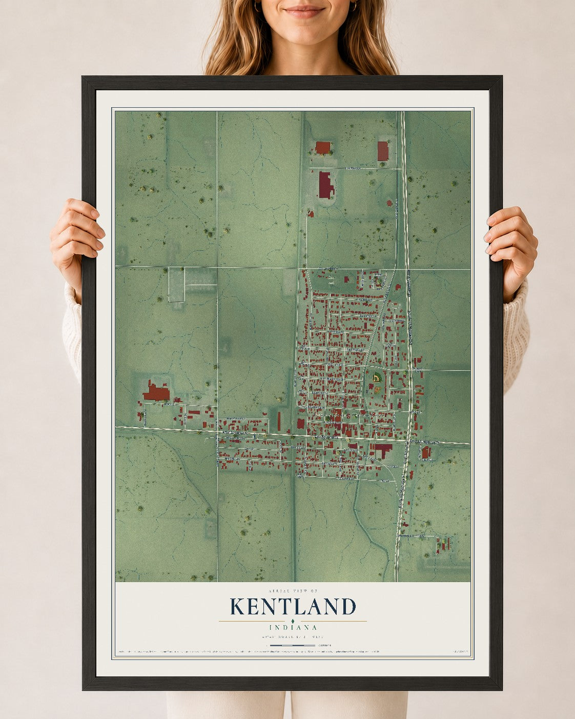 Map of Kentland, Indiana, 24 x 36 inch print in a black wood frame