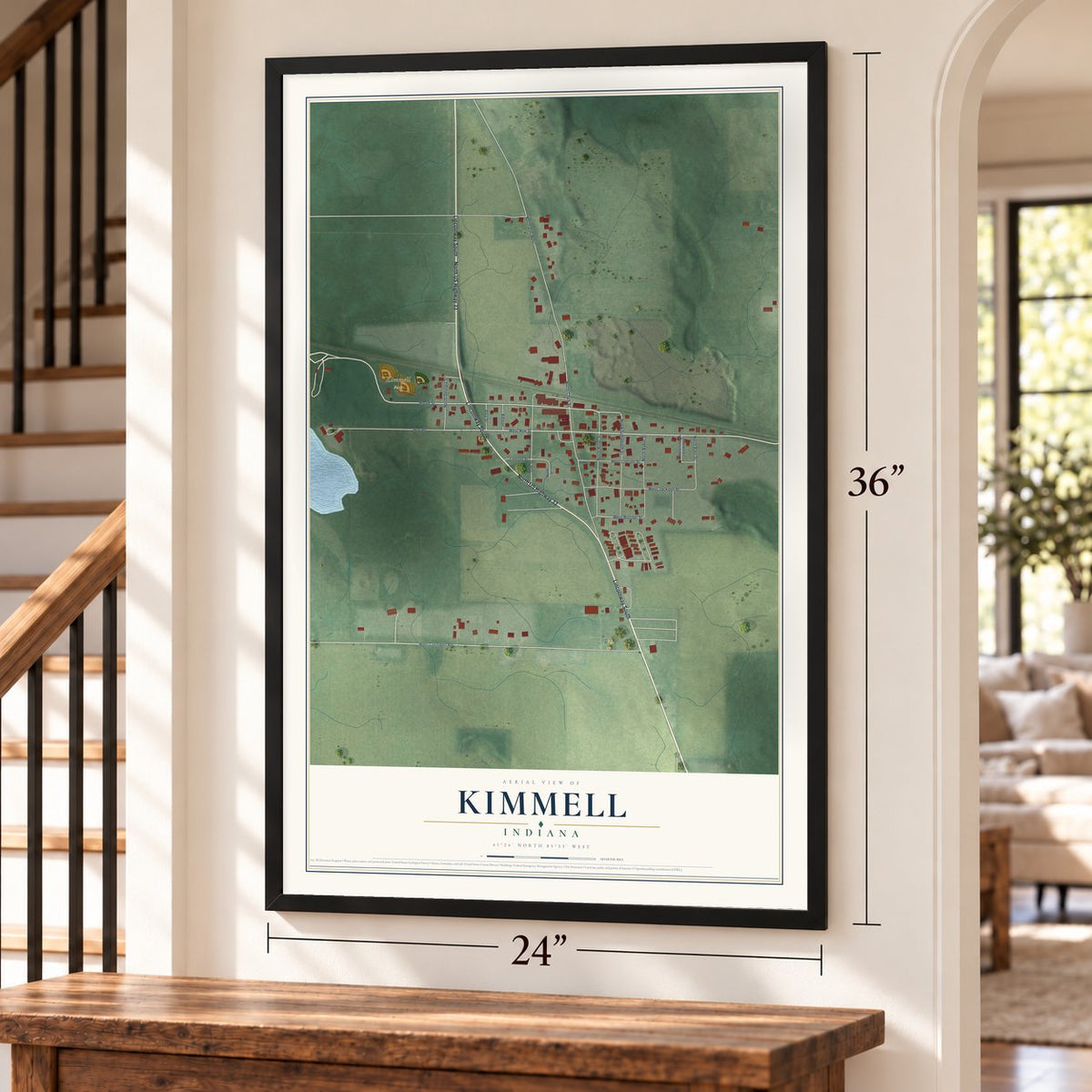 Kimmell, Indiana map, 24 x 36 inch print in a black frame by a staircase