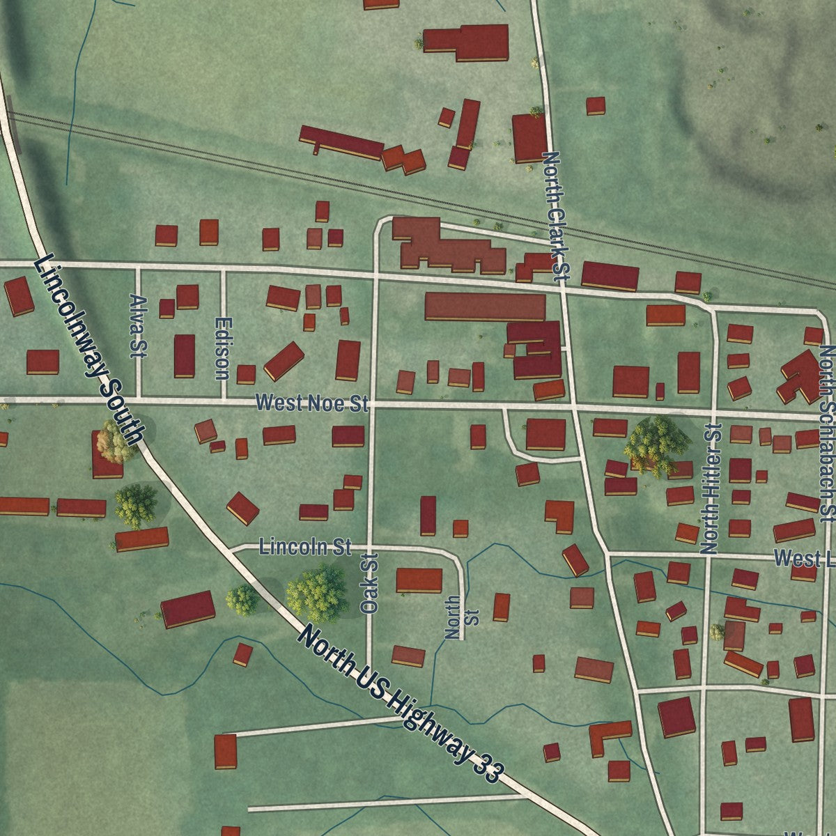 Close-up of the map of Kimmell, Indiana print showing street and building detail