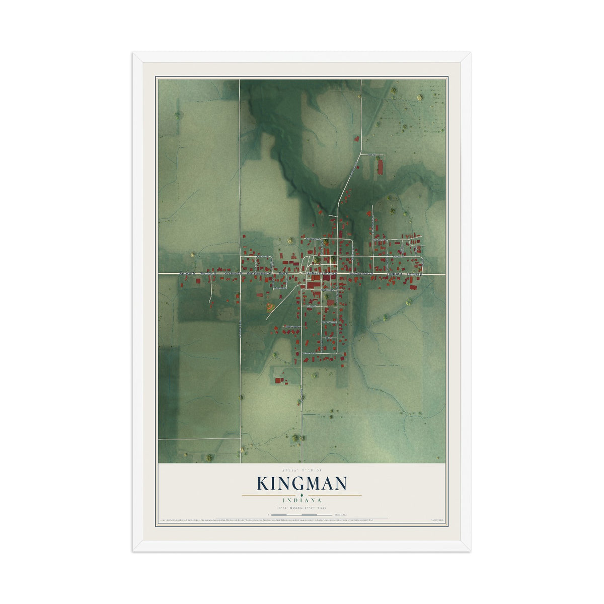 Map of Kingman, Indiana, 12 x 18 inch print in a white wood frame