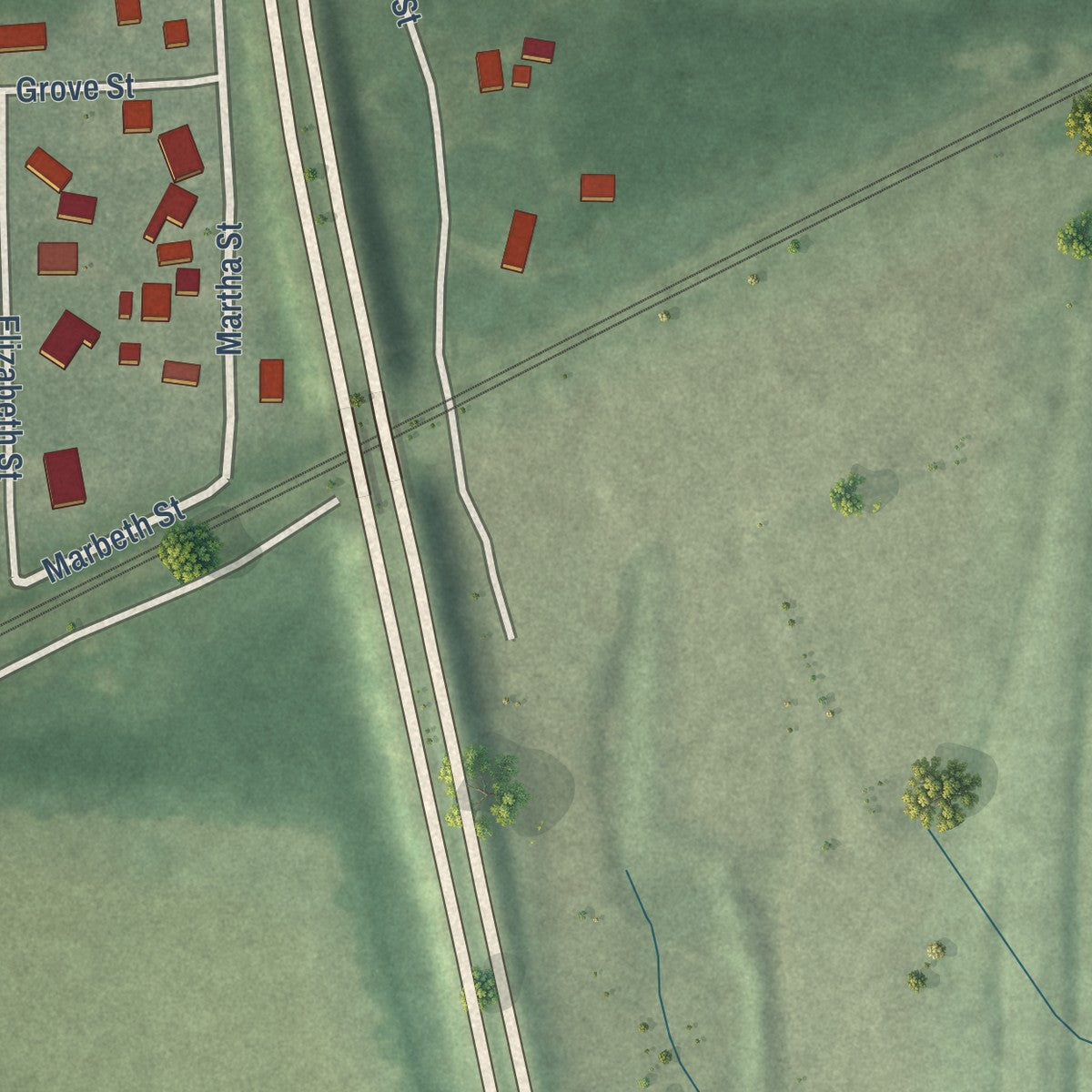 Second close-up of the map of Kingsbury, Indiana print showing more streets and buildings