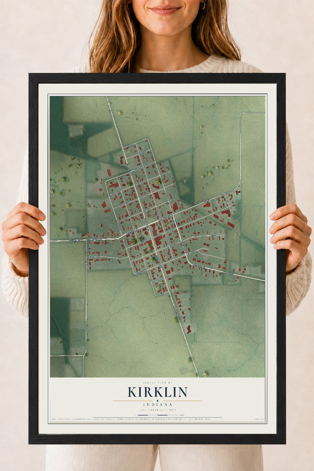 Map of Kirklin, Indiana, 18 x 24 inch print in a black wood frame