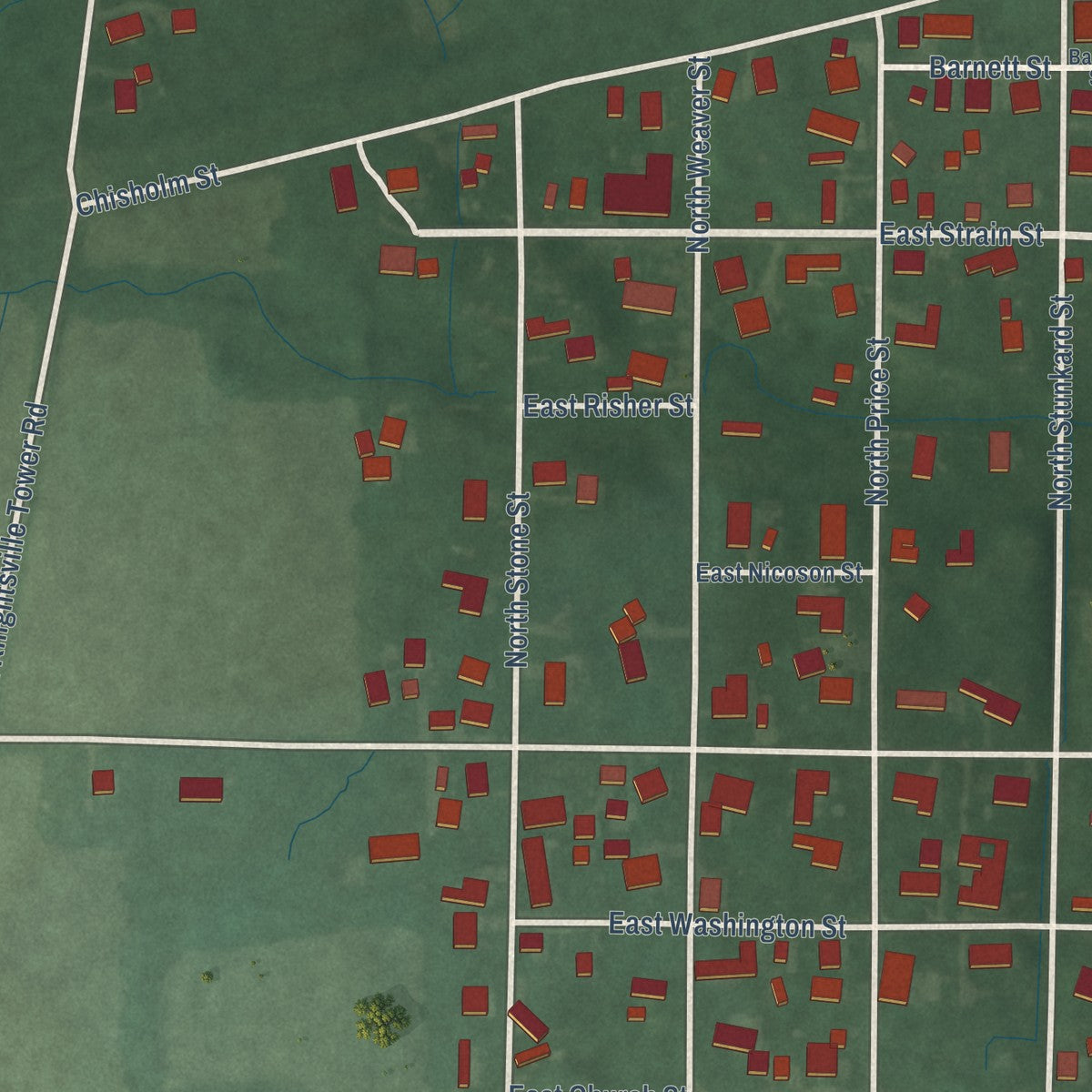 Close-up of the map of Knightsville, Indiana print showing street and building detail