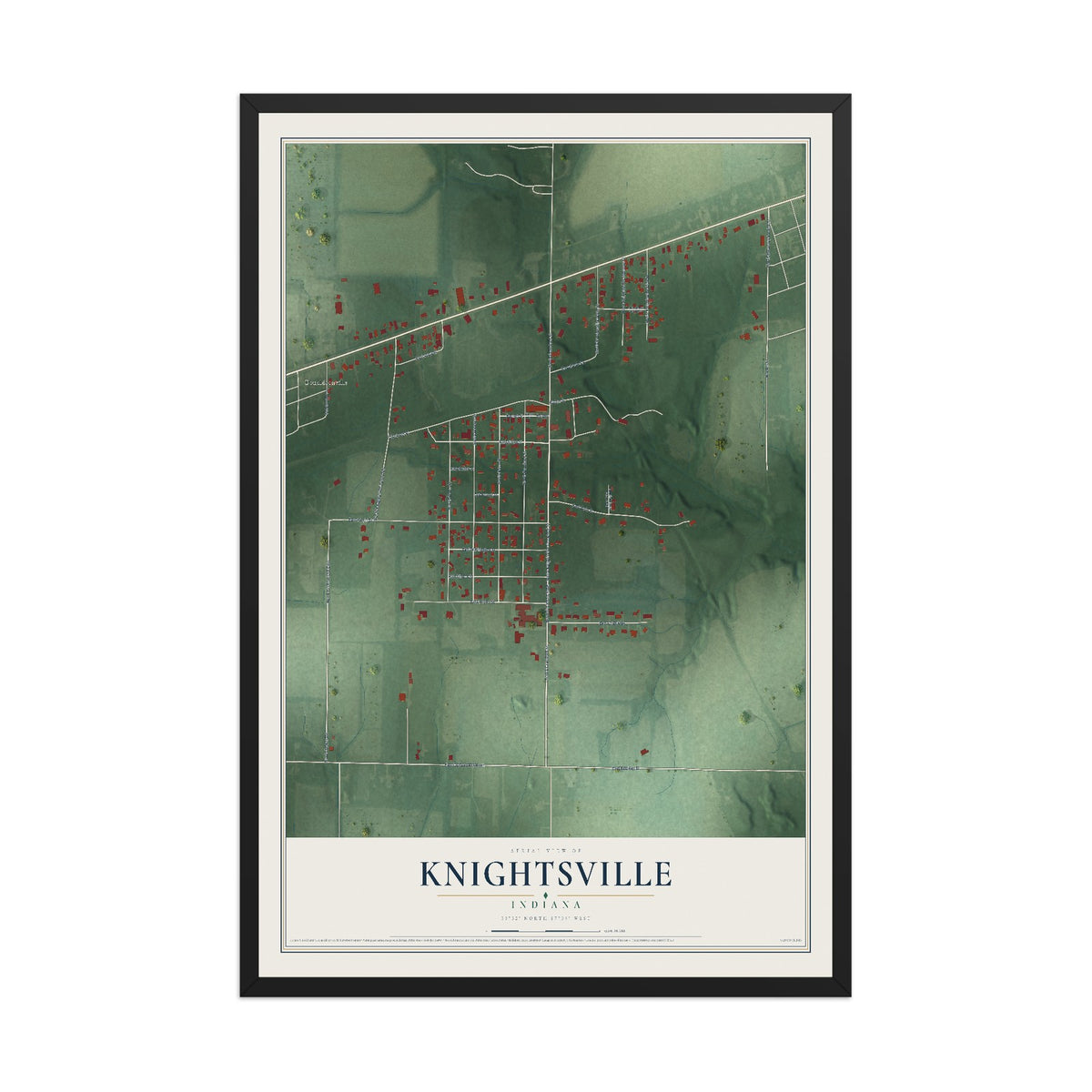 Map of Knightsville, Indiana, 12 x 18 inch print in a black wood frame
