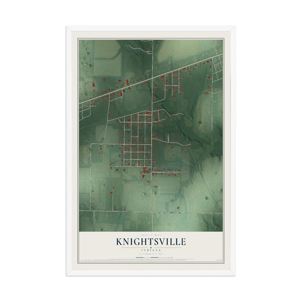 Map of Knightsville, Indiana, 12 x 18 inch print in a white wood frame