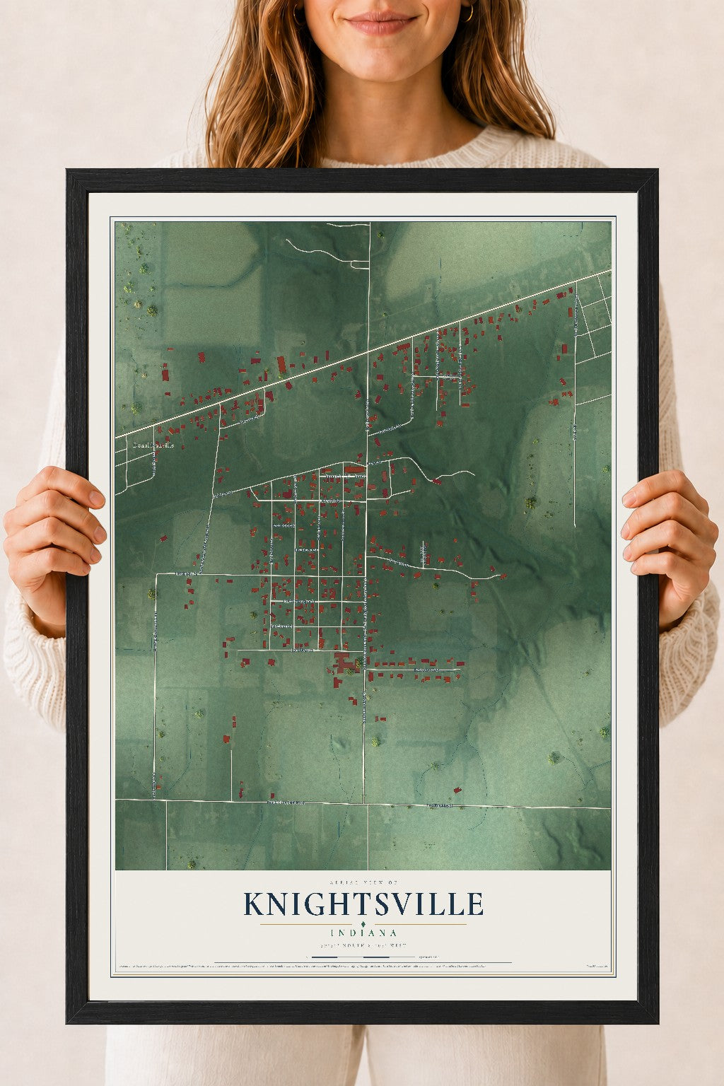 Map of Knightsville, Indiana, 18 x 24 inch print in a black wood frame