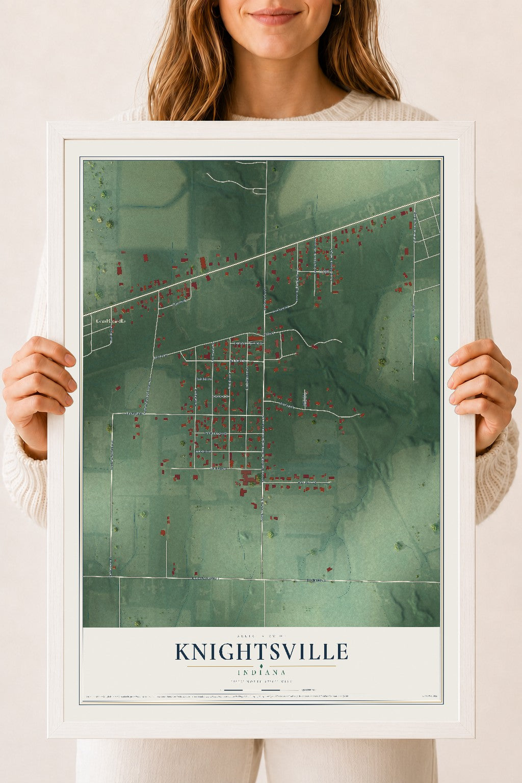 Map of Knightsville, Indiana, 18 x 24 inch print in a white wood frame