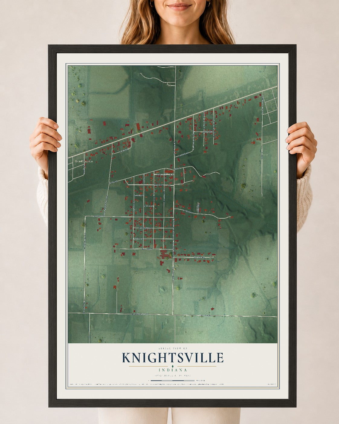 Map of Knightsville, Indiana, 24 x 36 inch print in a black wood frame