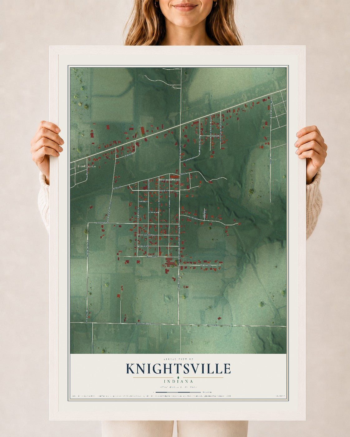 Map of Knightsville, Indiana, 24 x 36 inch print in a white wood frame