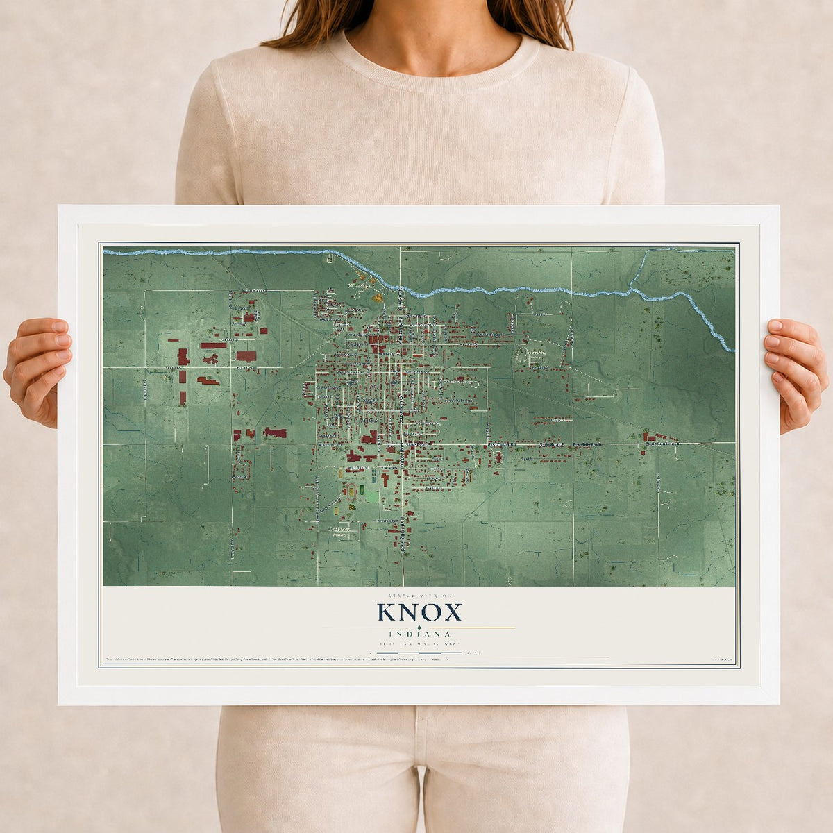 Map of Knox, Indiana, 12 x 18 inch print in a white wood frame