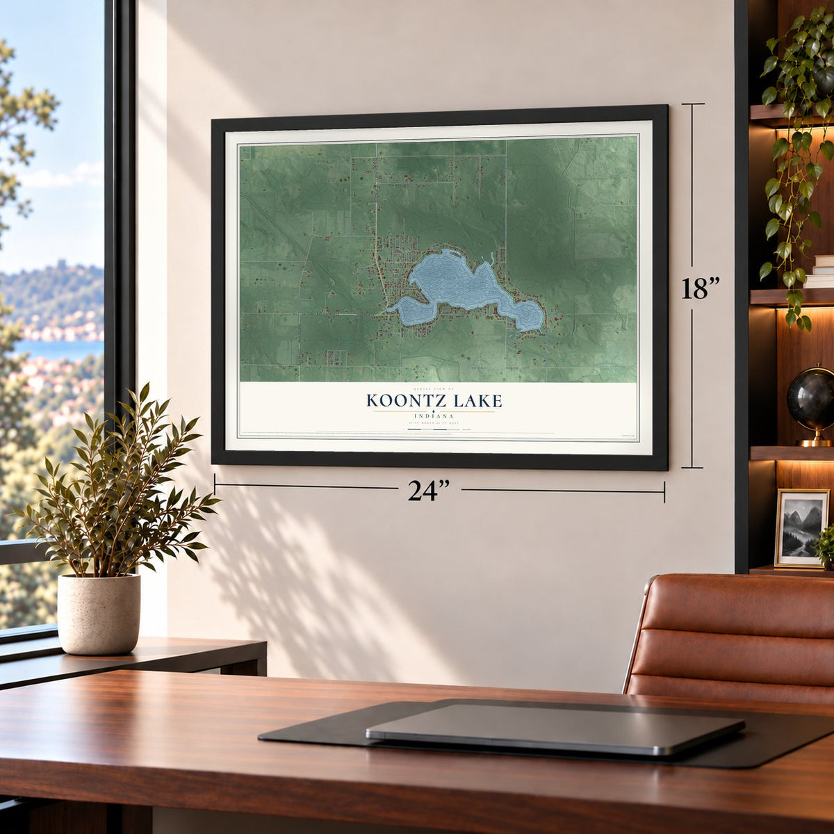 Koontz Lake, Indiana map, 18 x 24 inch print in a black frame in a home office