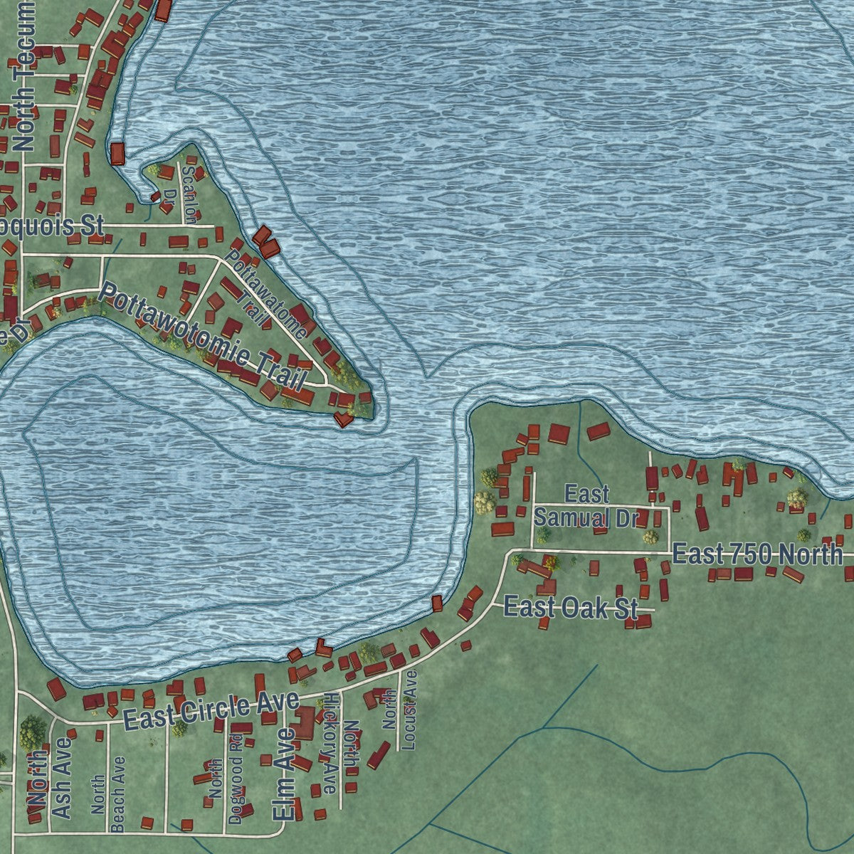 Close-up of the map of Koontz Lake, Indiana print showing street and building detail
