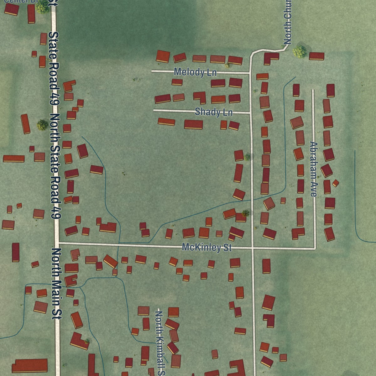 Second close-up of the map of Kouts, Indiana print showing more streets and buildings