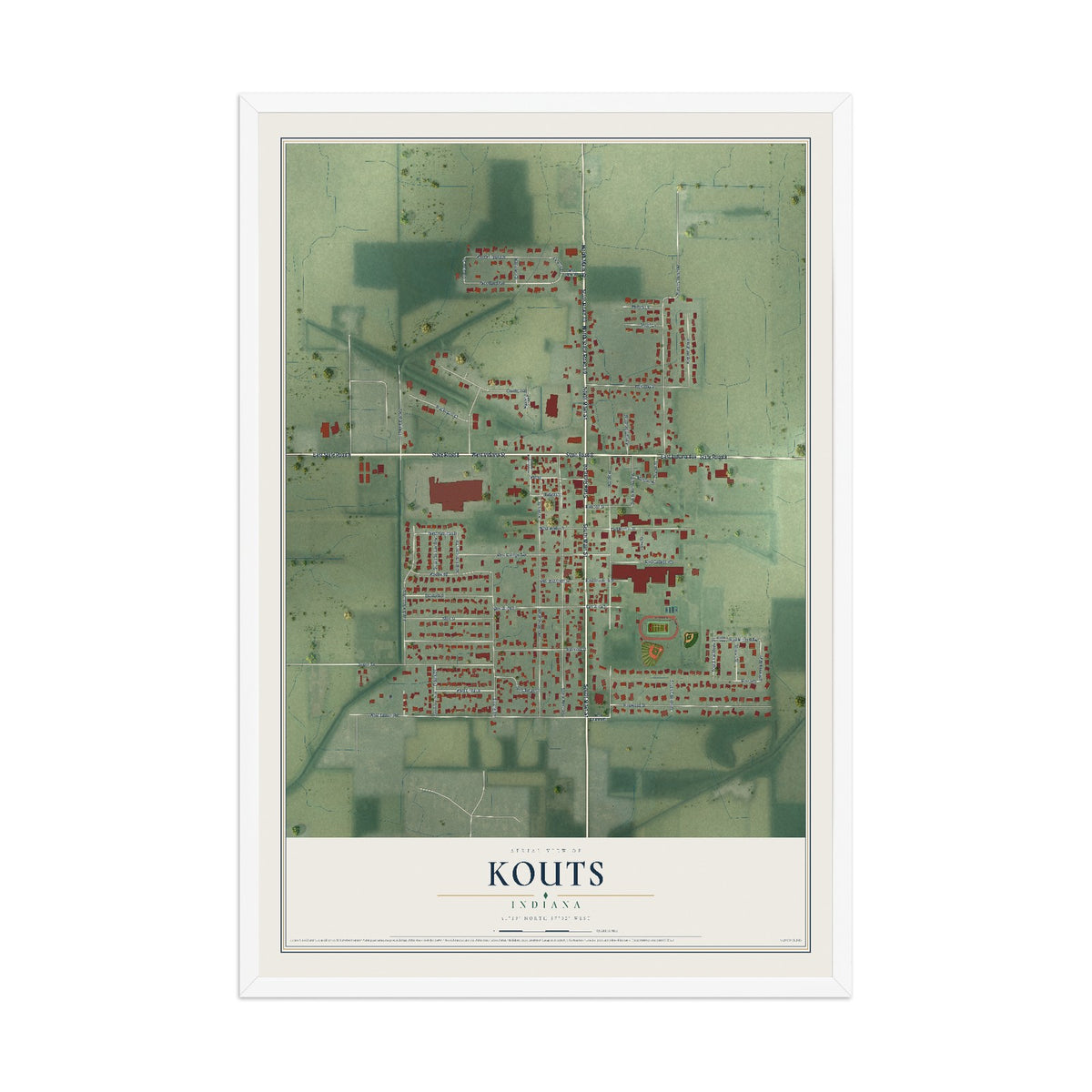 Map of Kouts, Indiana, 12 x 18 inch print in a white wood frame