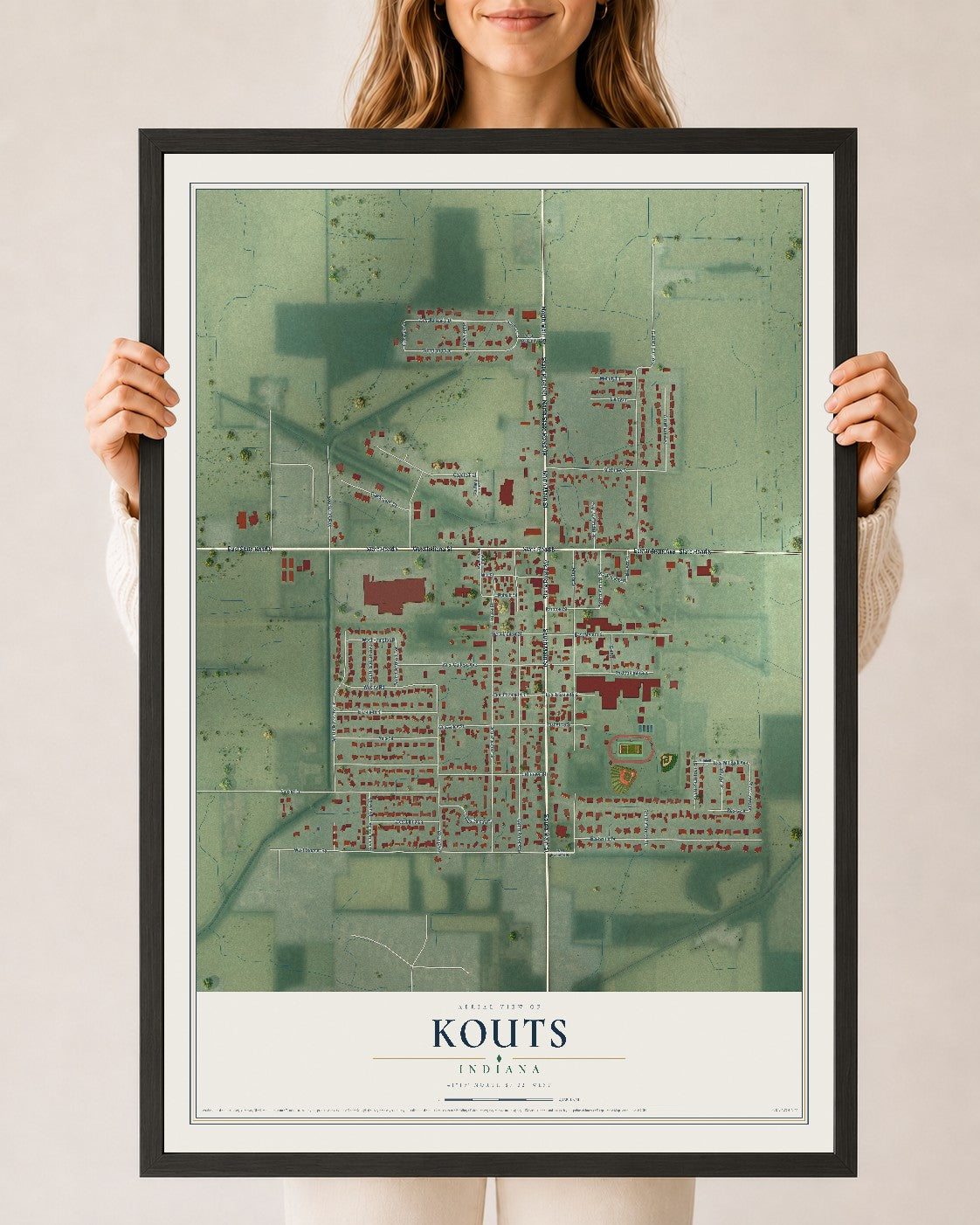 Map of Kouts, Indiana, 24 x 36 inch print in a black wood frame