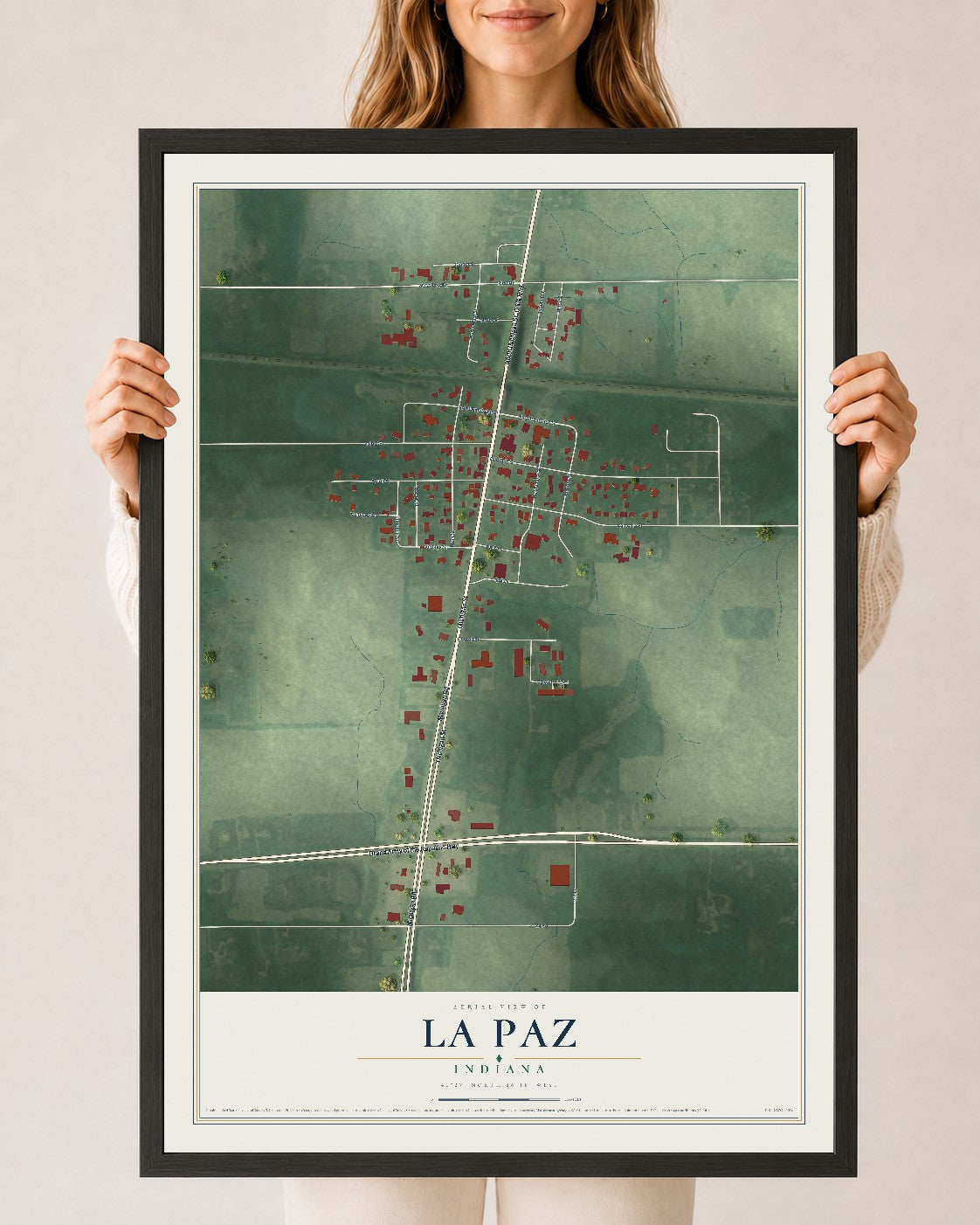 Map of La Paz, Indiana, 24 x 36 inch print in a black wood frame