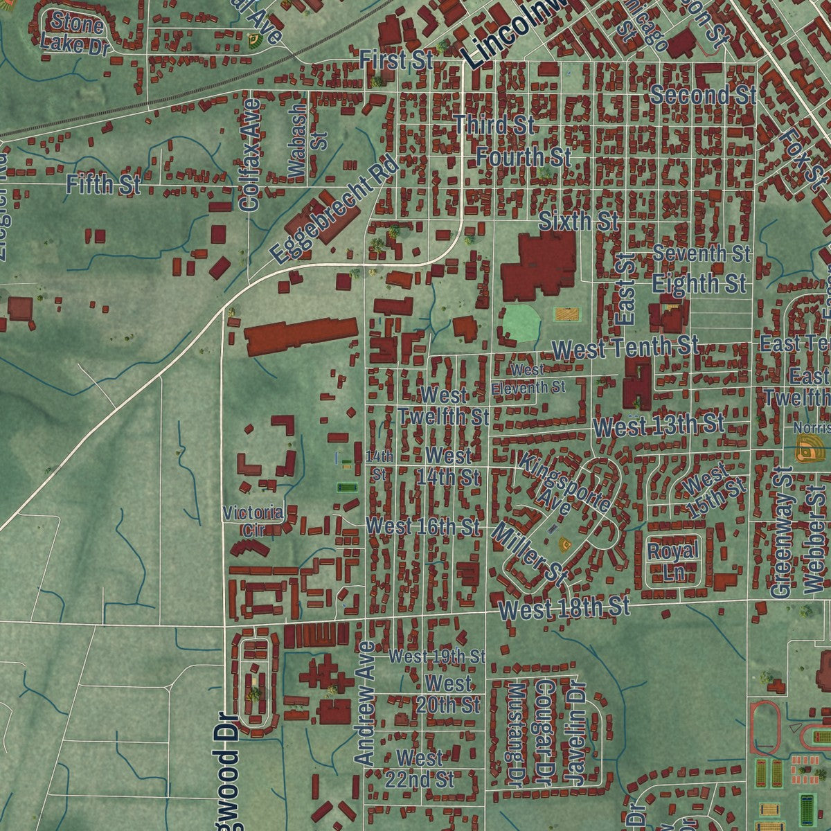 Second close-up of the map of La Porte, Indiana print showing more streets and buildings