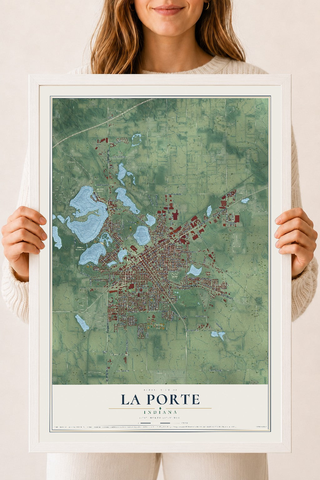 Map of La Porte, Indiana, 18 x 24 inch print in a white wood frame