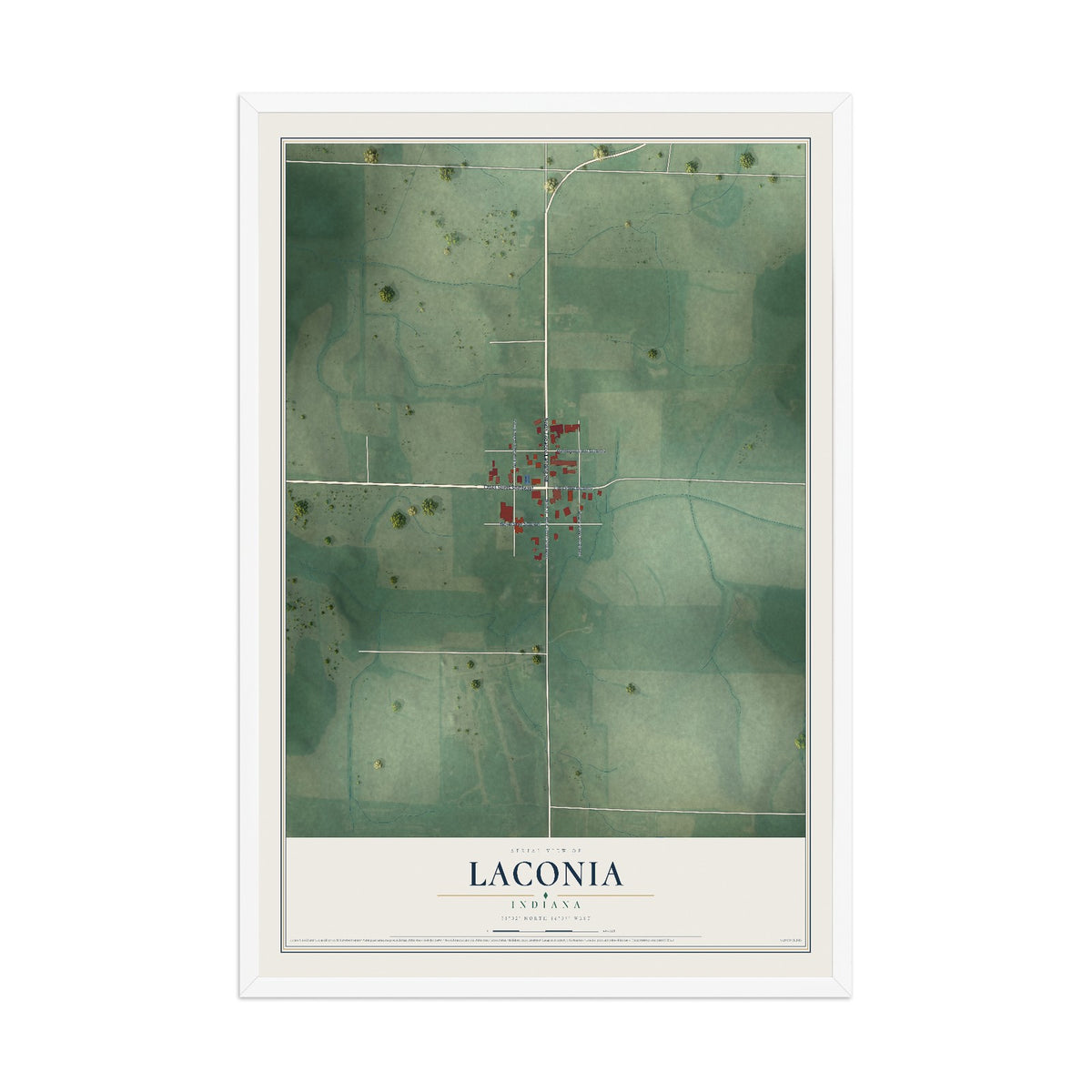 Map of Laconia, Indiana, 12 x 18 inch print in a white wood frame