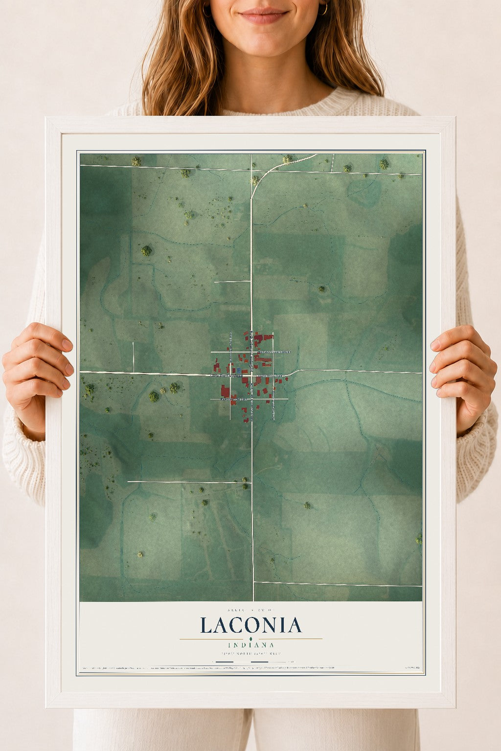 Map of Laconia, Indiana, 18 x 24 inch print in a white wood frame