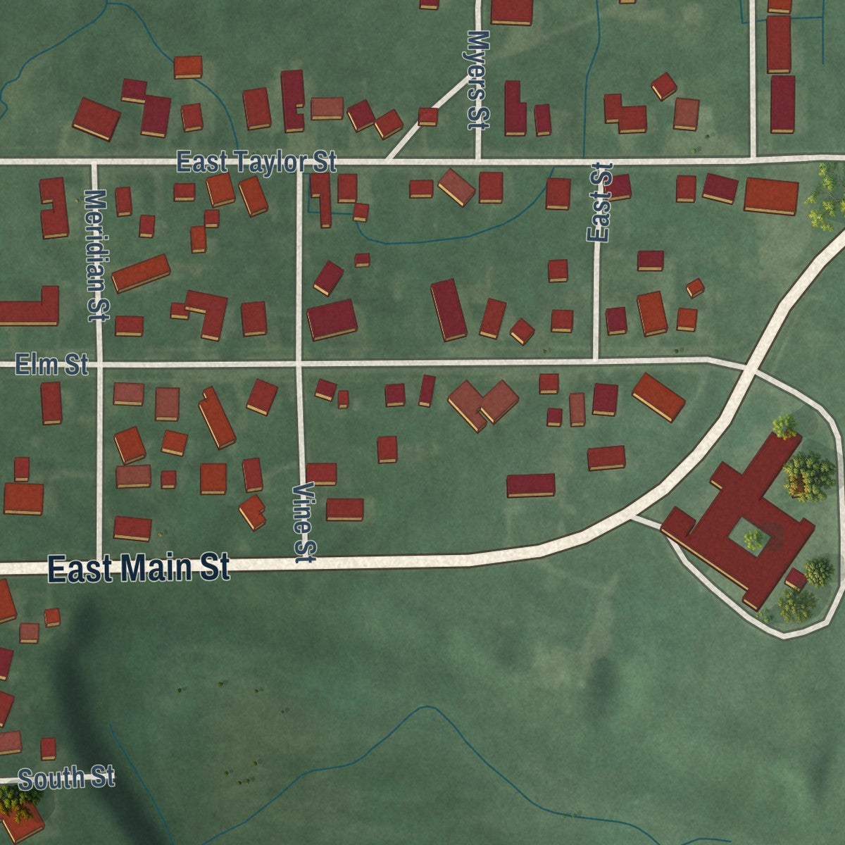 Second close-up of the map of Ladoga, Indiana print showing more streets and buildings