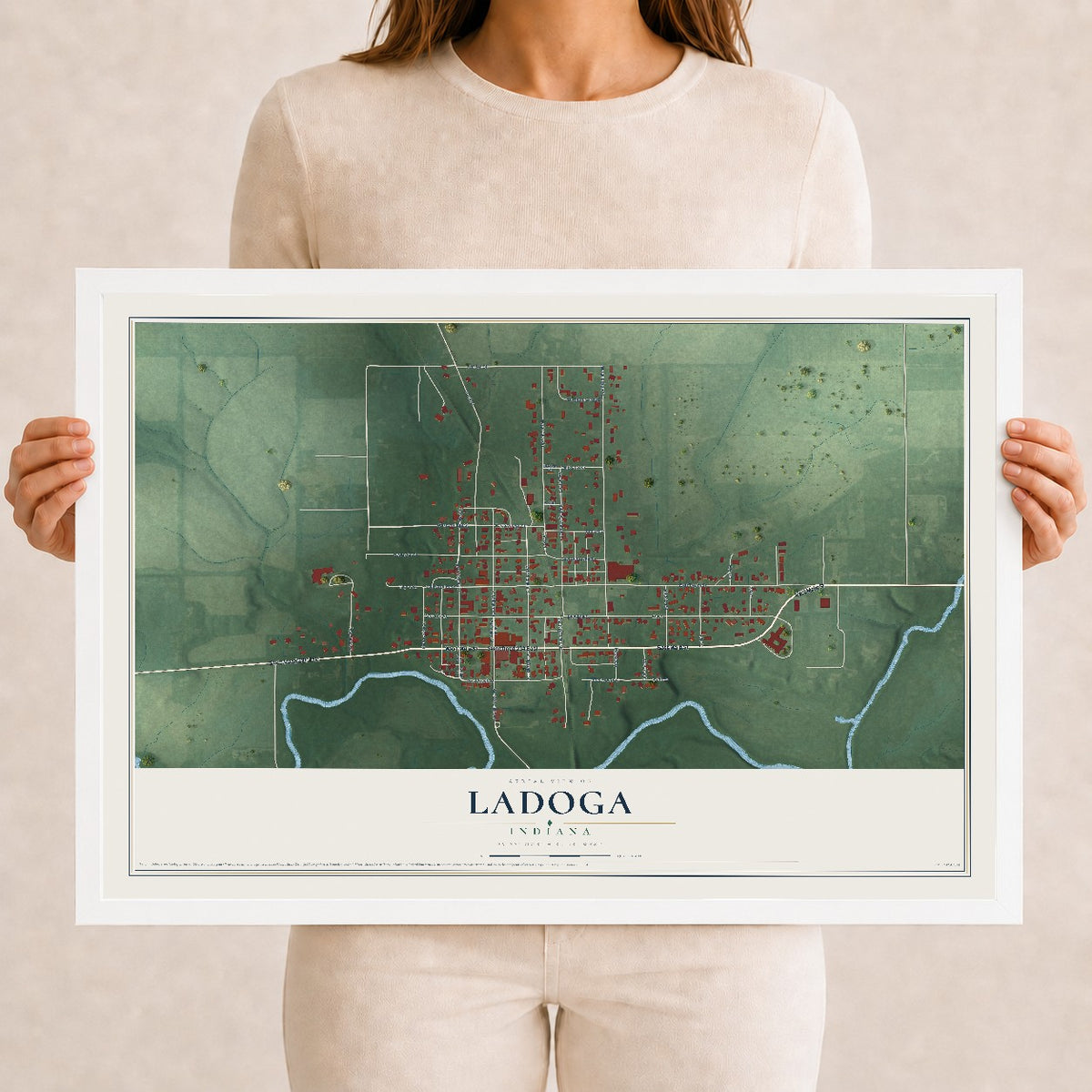 Map of Ladoga, Indiana, 12 x 18 inch print in a white wood frame