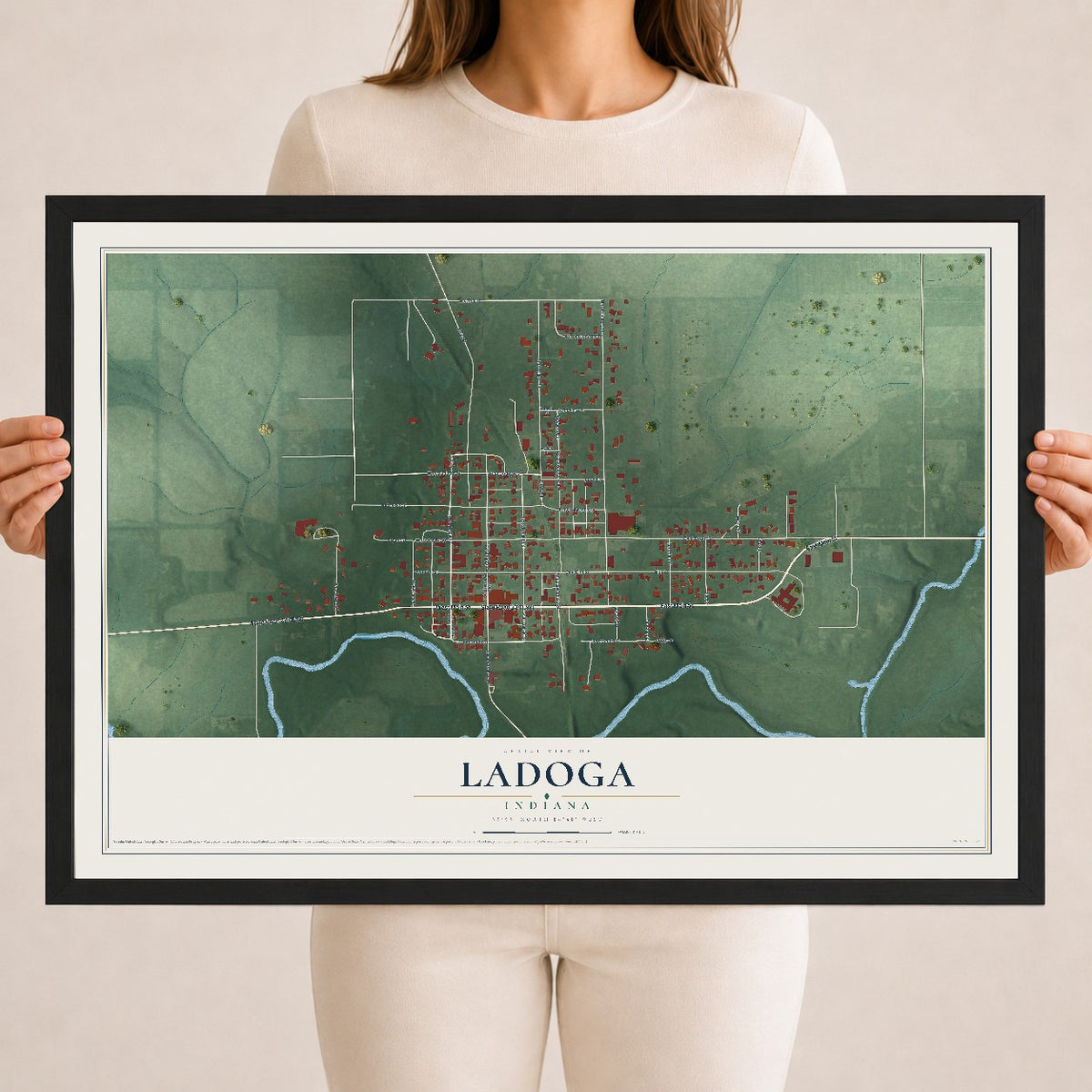 Map of Ladoga, Indiana, 18 x 24 inch print in a black wood frame