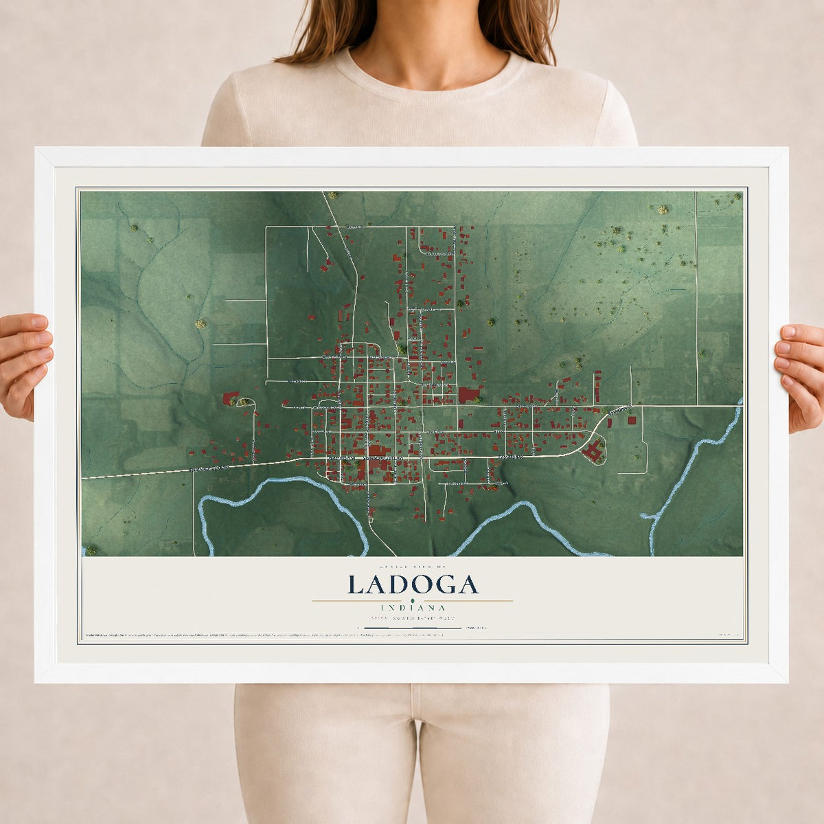 Map of Ladoga, Indiana, 18 x 24 inch print in a white wood frame
