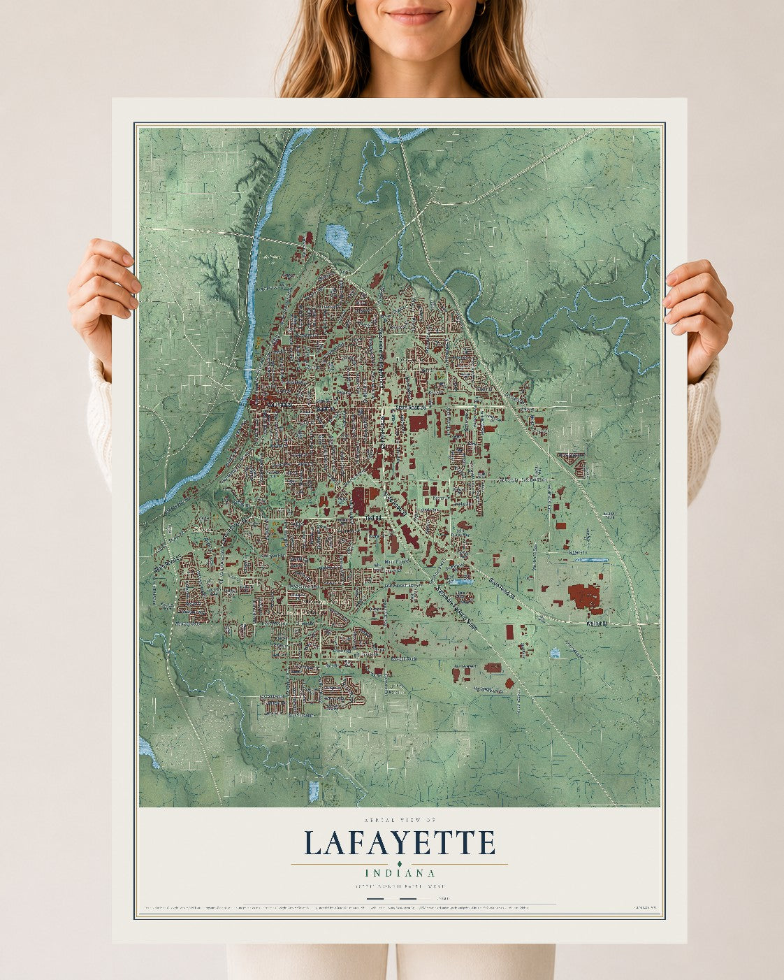 Map of Lafayette, Indiana, 24 x 36 inch unframed archival matte print