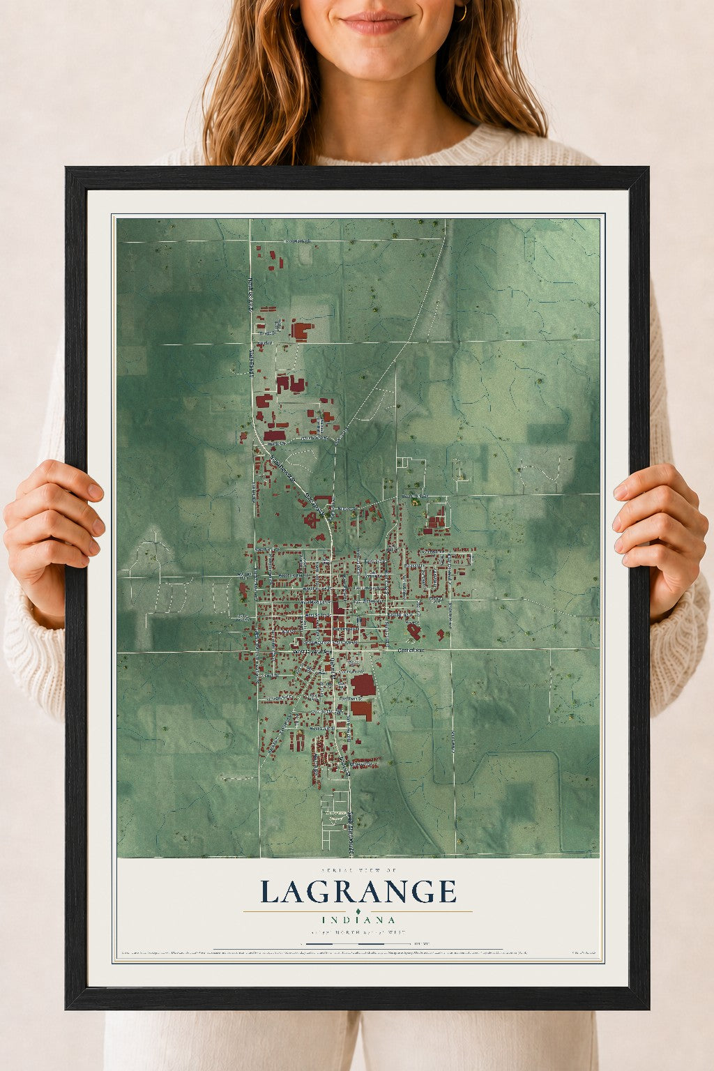 Map of Lagrange, Indiana, 18 x 24 inch print in a black wood frame