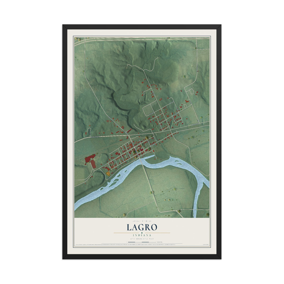 Map of Lagro, Indiana, 12 x 18 inch print in a black wood frame