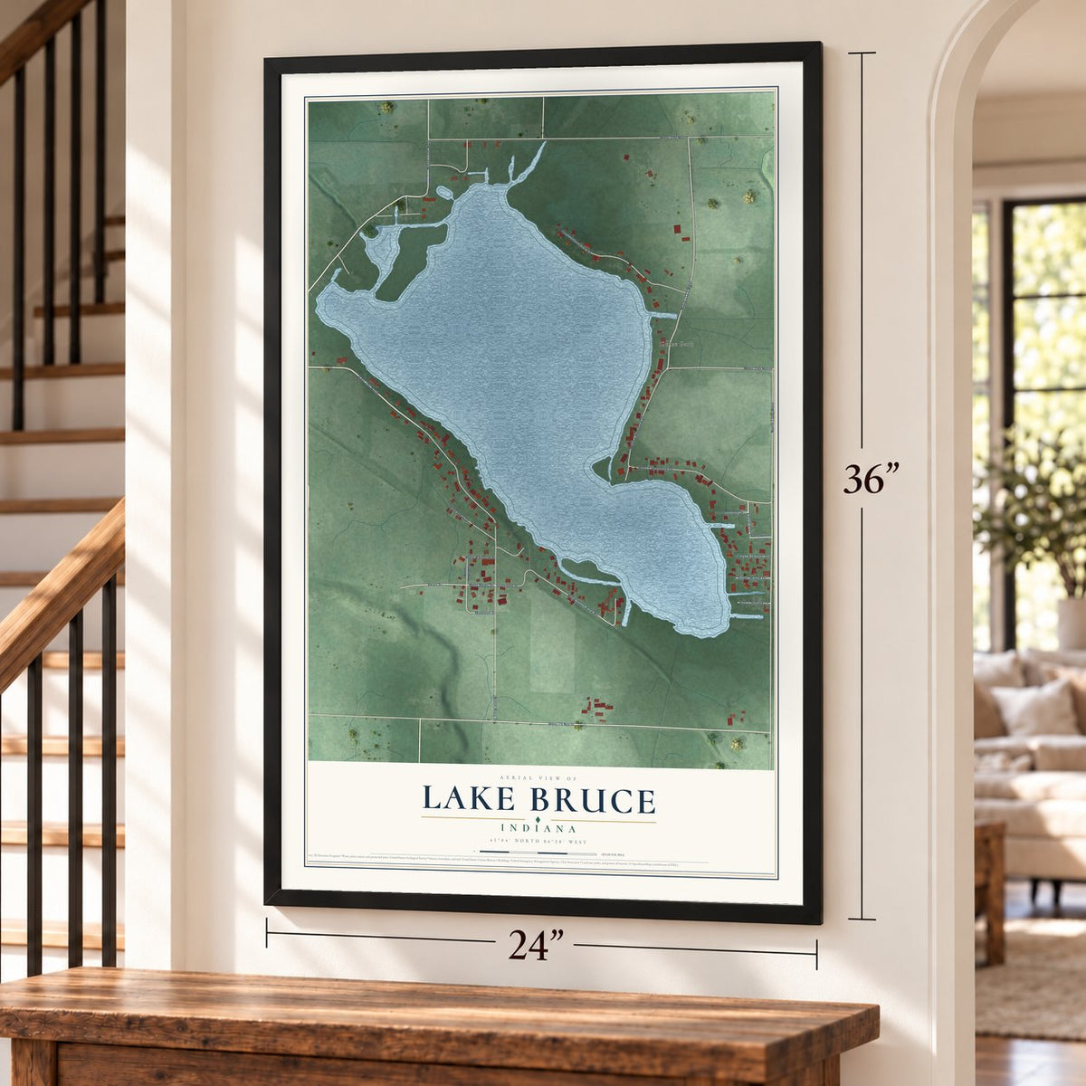 Lake Bruce, Indiana map, 24 x 36 inch print in a black frame by a staircase