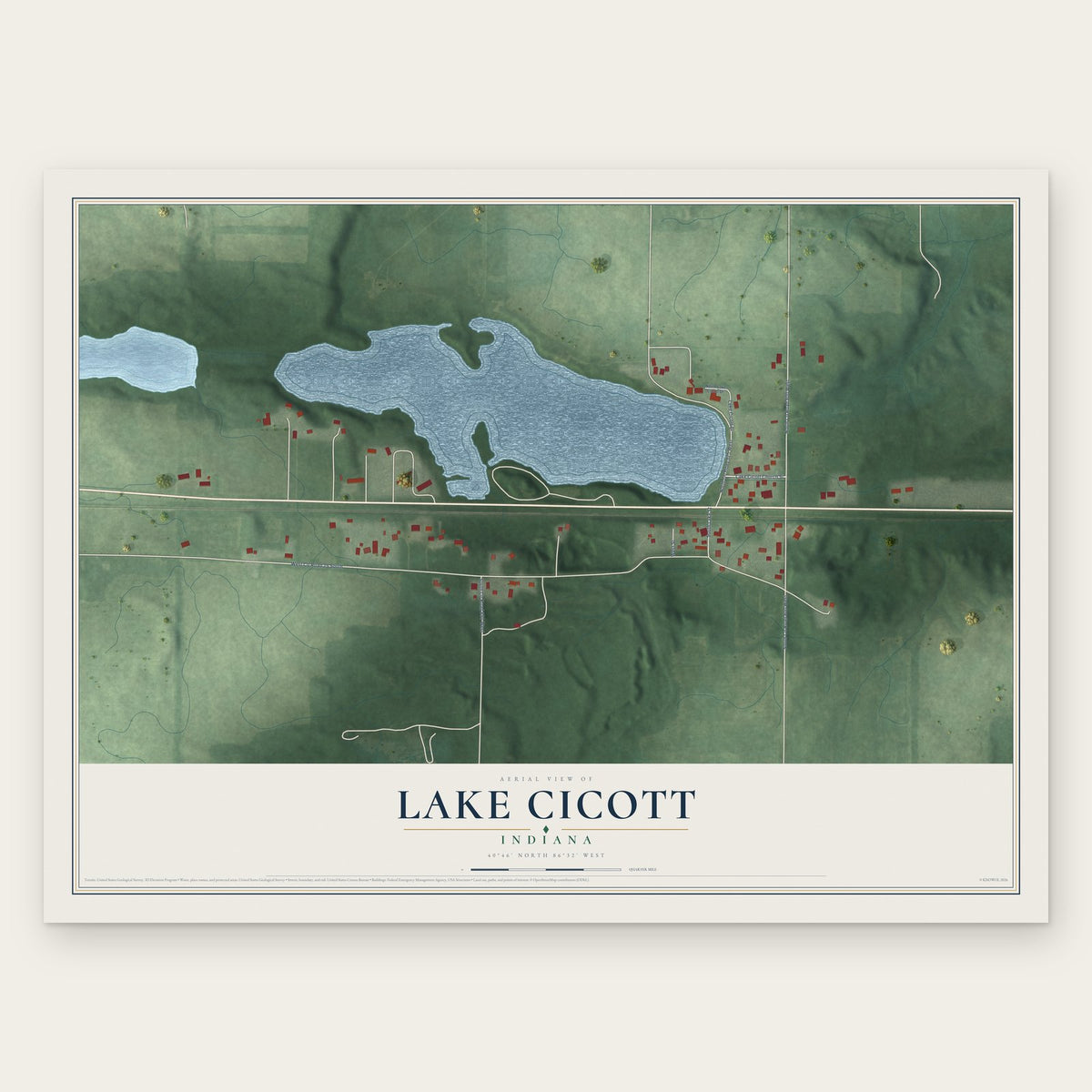 Lake Cicott, Indiana map print, the full design