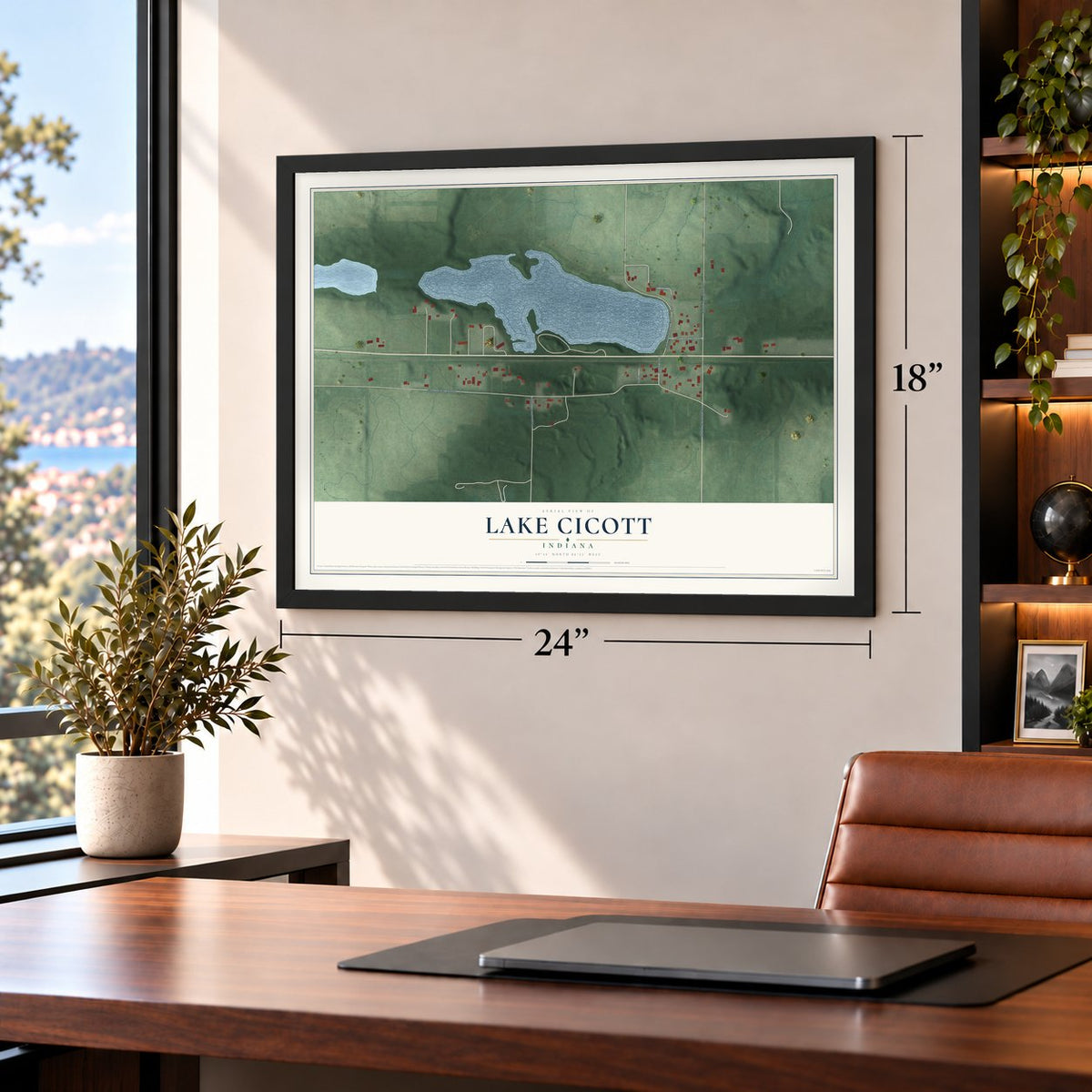 Lake Cicott, Indiana map, 18 x 24 inch print in a black frame in a home office