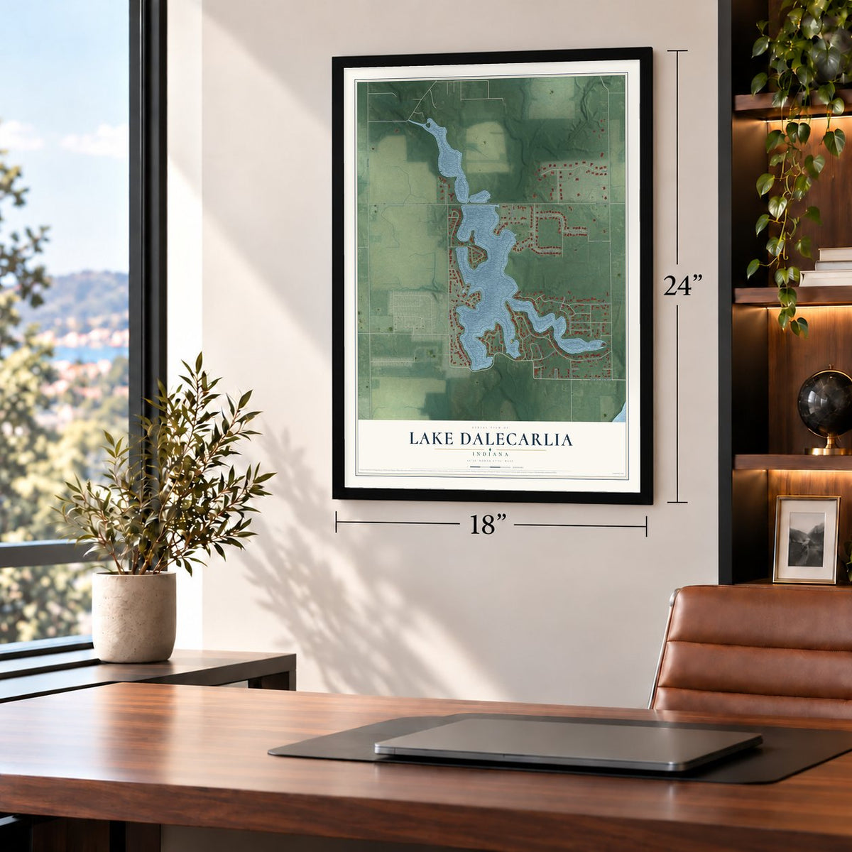 Lake Dalecarlia, Indiana map, 18 x 24 inch print in a black frame in a home office