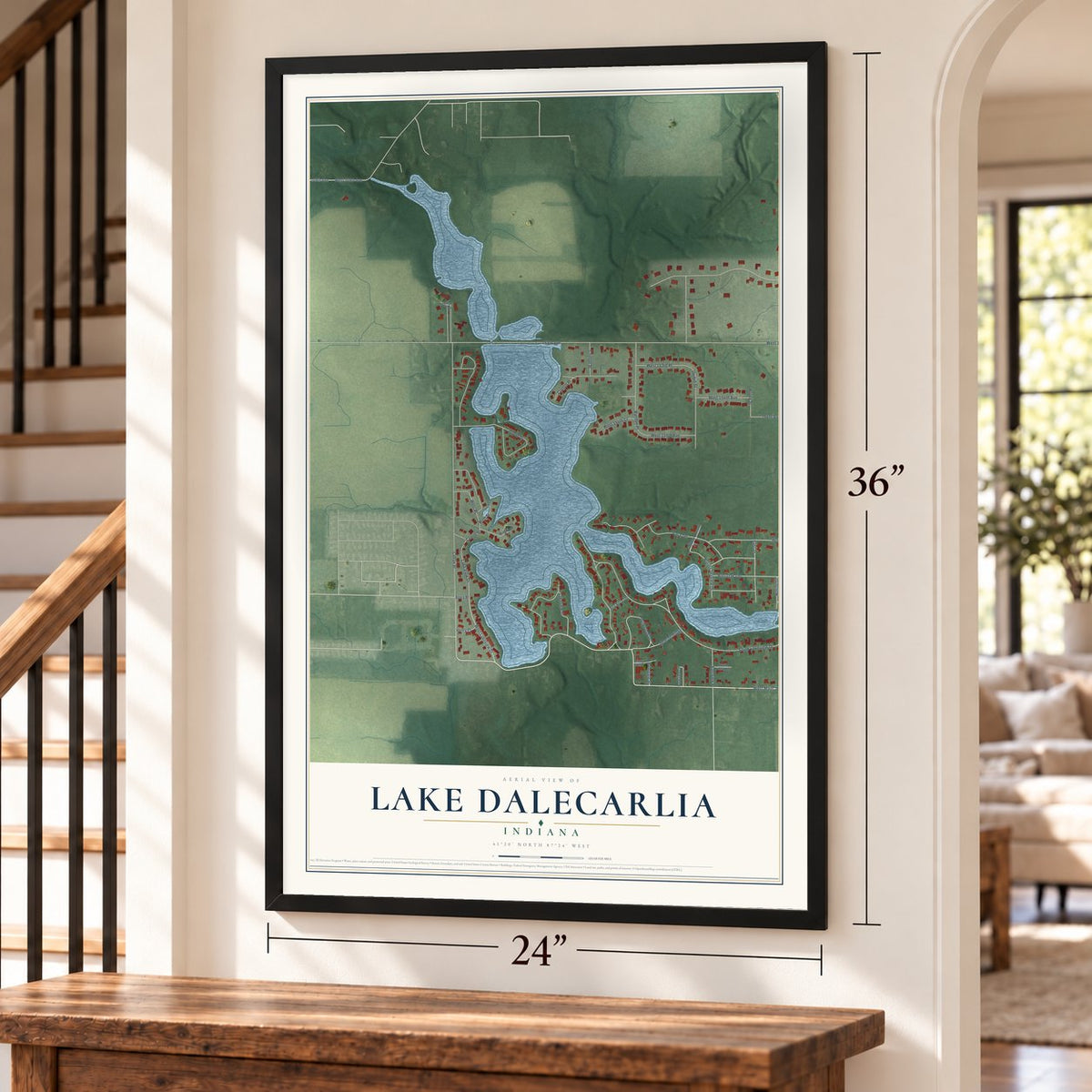 Lake Dalecarlia, Indiana map, 24 x 36 inch print in a black frame by a staircase