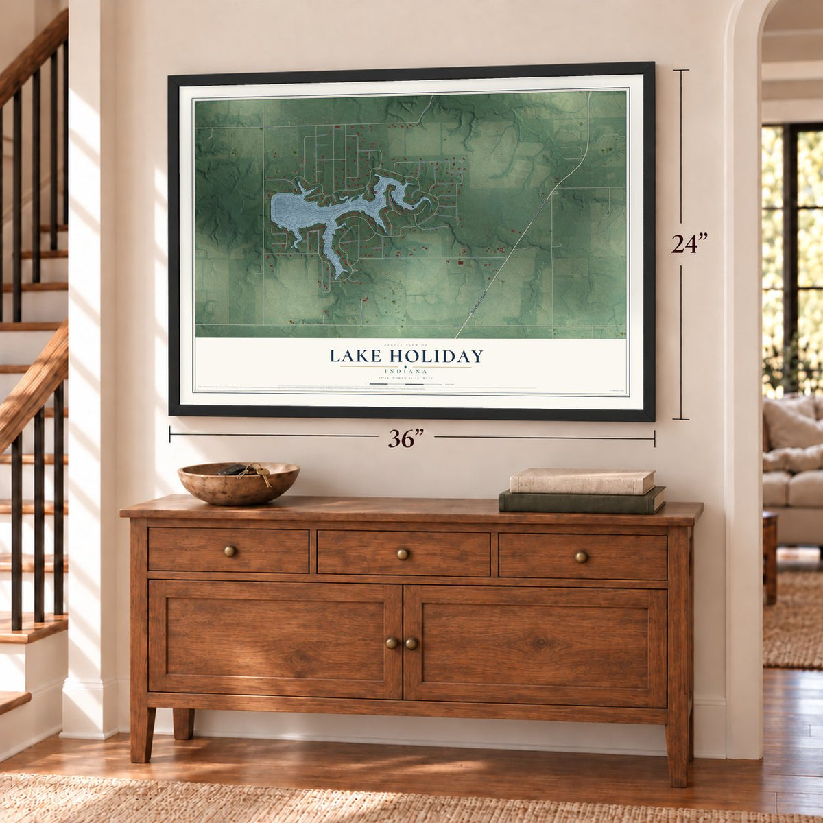 Lake Holiday, Indiana map, 24 x 36 inch print in a black frame above a dresser by a staircase
