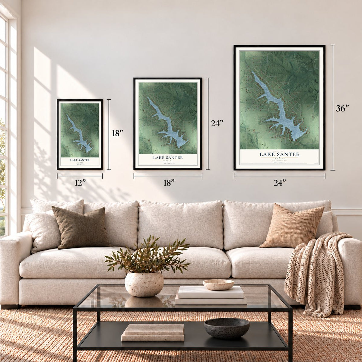 Lake Santee, Indiana map in 12 x 18, 18 x 24 and 24 x 36 inch sizes above a sofa