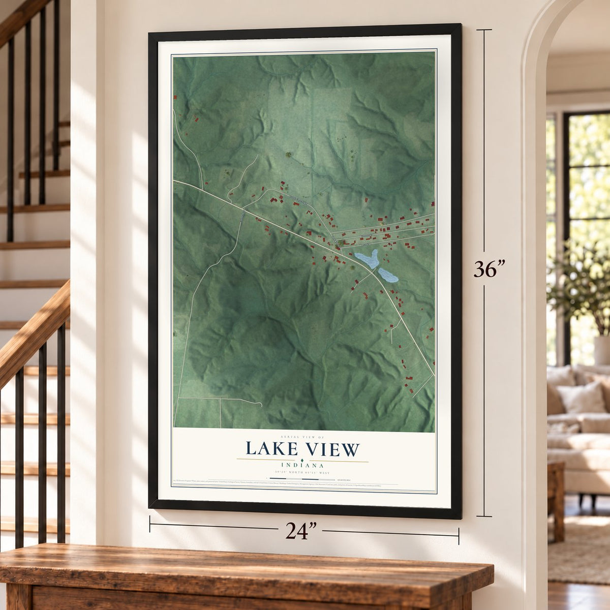 Lake View, Indiana map, 24 x 36 inch print in a black frame by a staircase