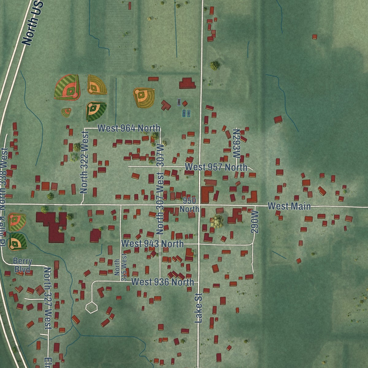 Close-up of the map of Lake Village, Indiana print showing street and building detail