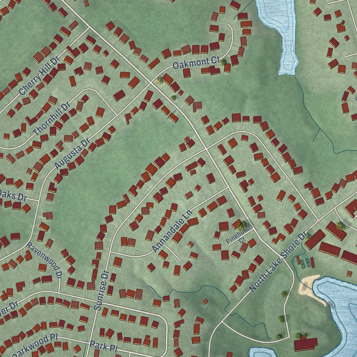 Second close-up of the map of Lakes of the Four Seasons, Indiana print showing more streets and buildings