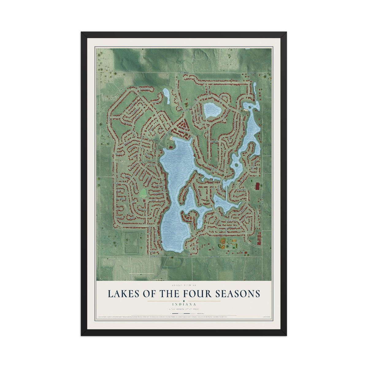 Map of Lakes of the Four Seasons, Indiana, 12 x 18 inch print in a black wood frame
