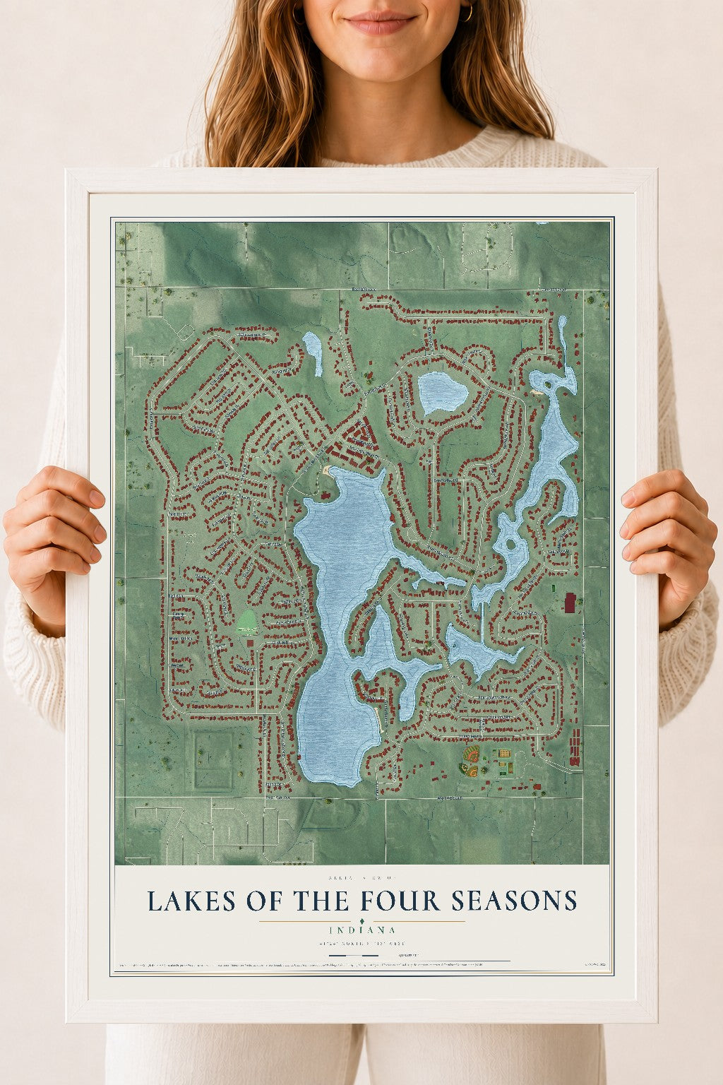 Map of Lakes of the Four Seasons, Indiana, 18 x 24 inch print in a white wood frame