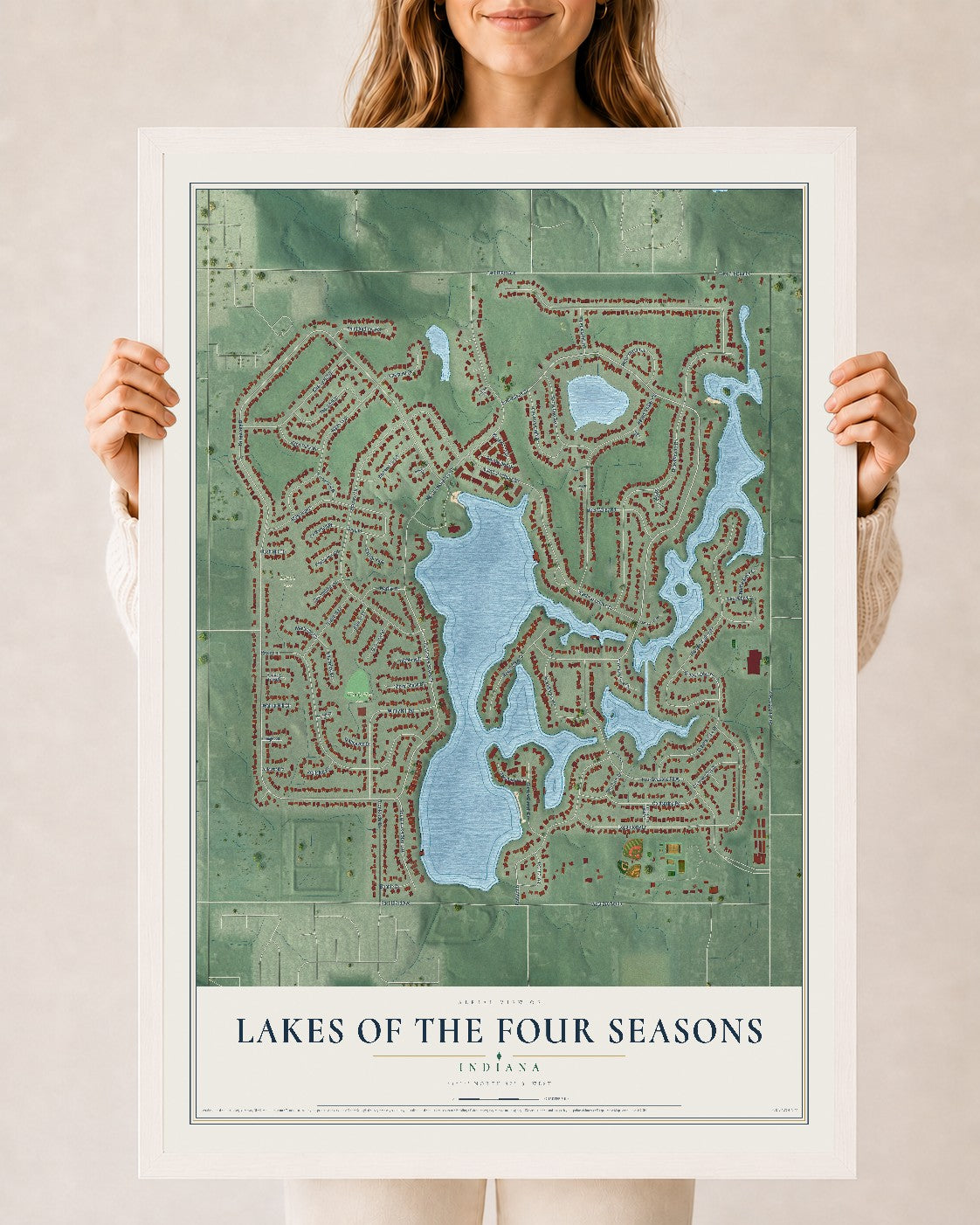 Map of Lakes of the Four Seasons, Indiana, 24 x 36 inch print in a white wood frame