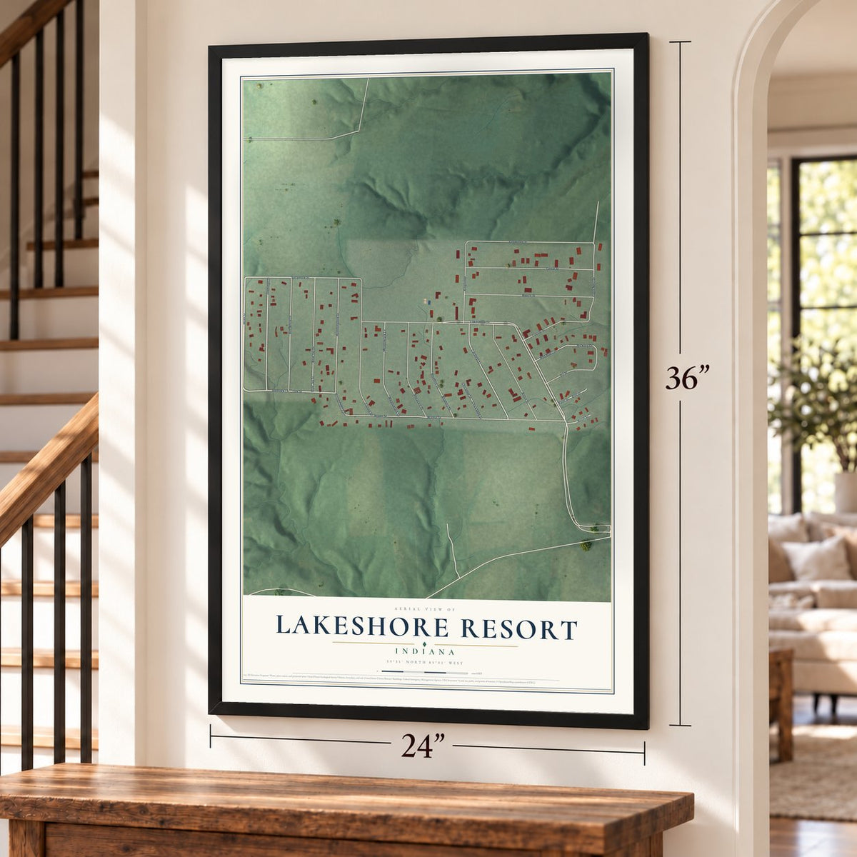 Lakeshore Resort, Indiana map, 24 x 36 inch print in a black frame by a staircase